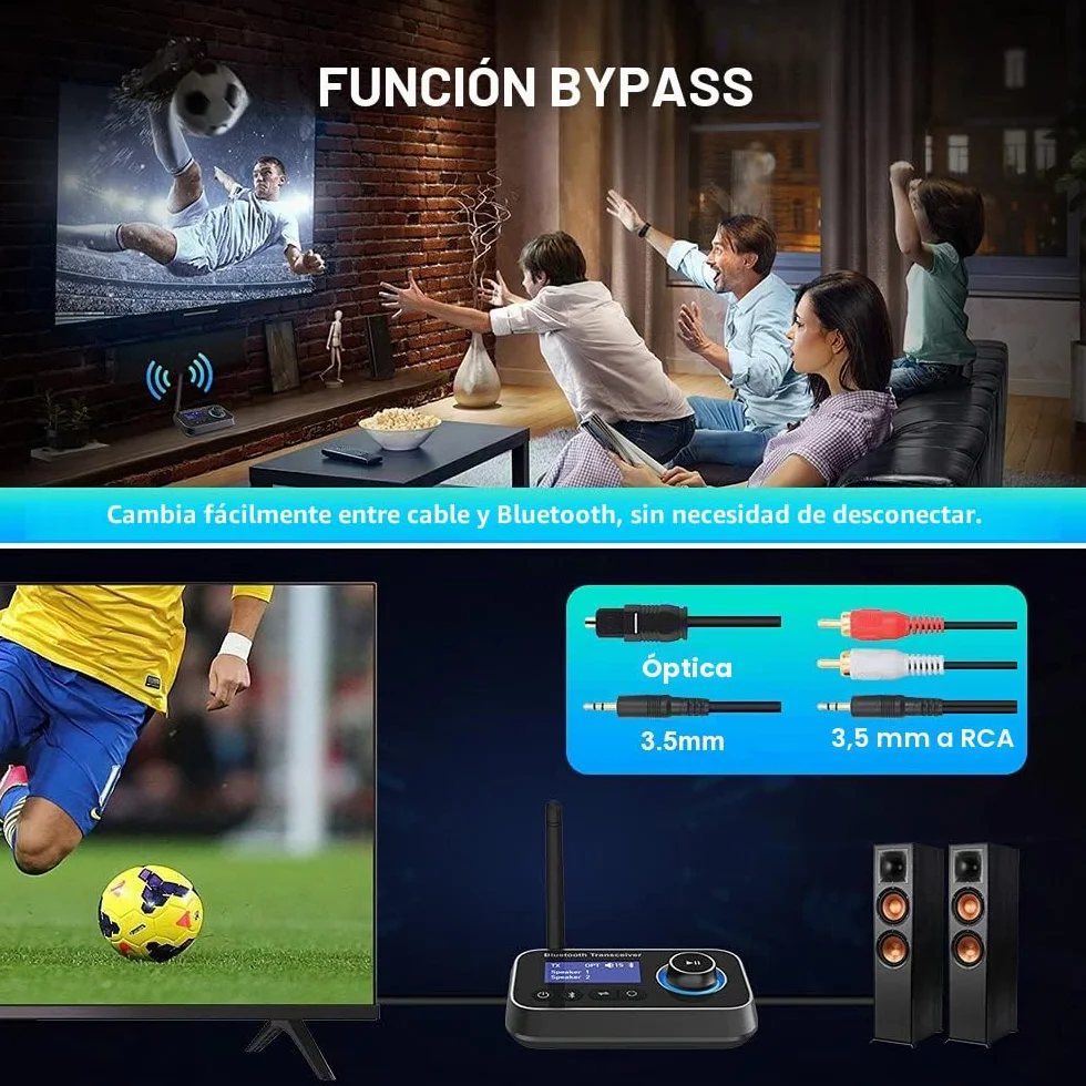 3 En 1 Transmisor Receptor Bluetooth para 2 Auriculares Adaptador Bluetooth 5.3 con Pantalla LCD Latencia Aux 3.5mm Óptico RCA Latencia Emisor Bluetooth Audio para TV, Estéreo, Altavoces