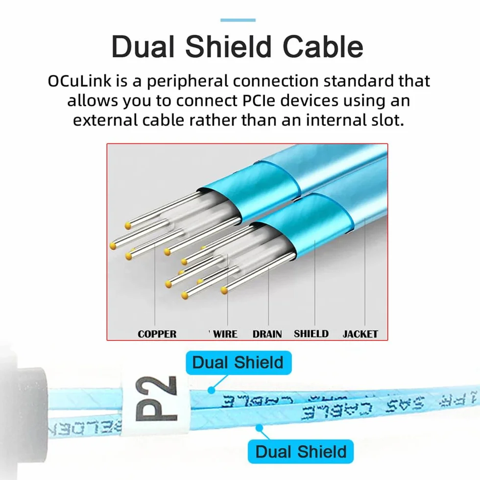 xiwai Conector en ángulo izquierdo de 90 grados de doble escudo OcuLink PCIe 4.0 PCI-Express SFF-8611 4i macho a SFF-8611 macho cable activo de datos para eGPU SSD externa, 50 cm