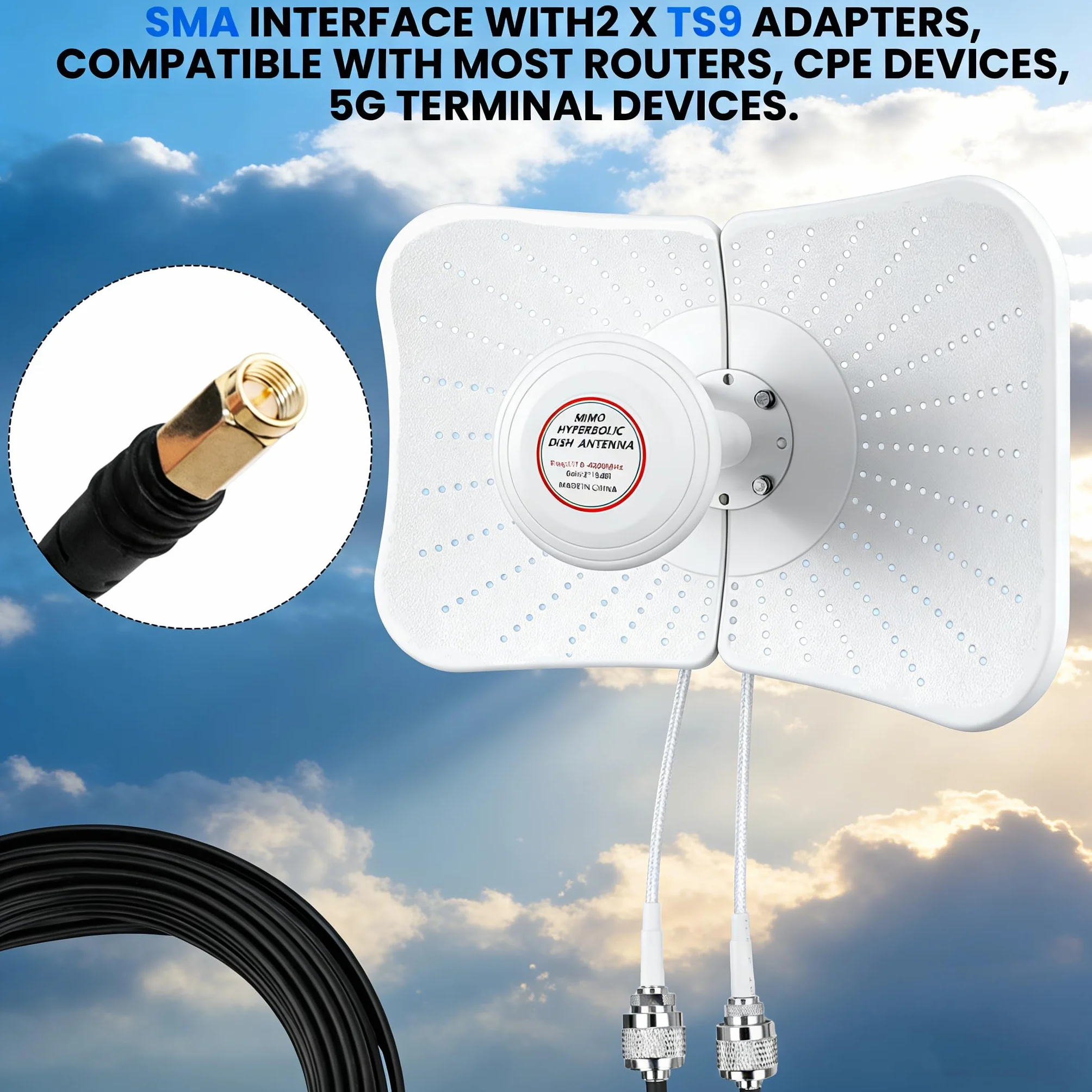 Antena 5G LTE 4G Exterior Antena Doble polarización WiFi Antenne 600-6000MHz, Ganancia hasta 12 dBi Compatible con Router Ante-na MIMO SMA / 2 x TS9 Antenne, Cable de Baja Perdida 10 Metros