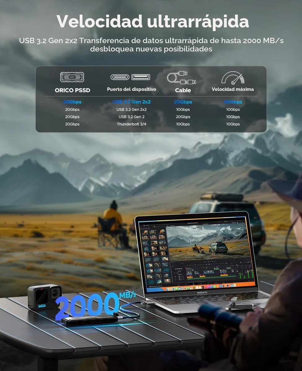 ORICO 2TB SSD Portátil, USB 3.2 Gen 2x2 Discos Duros sólidos externos, hasta 2000 MB/s, 20Gbps, Ideal para Editores al Aire Libre - O20