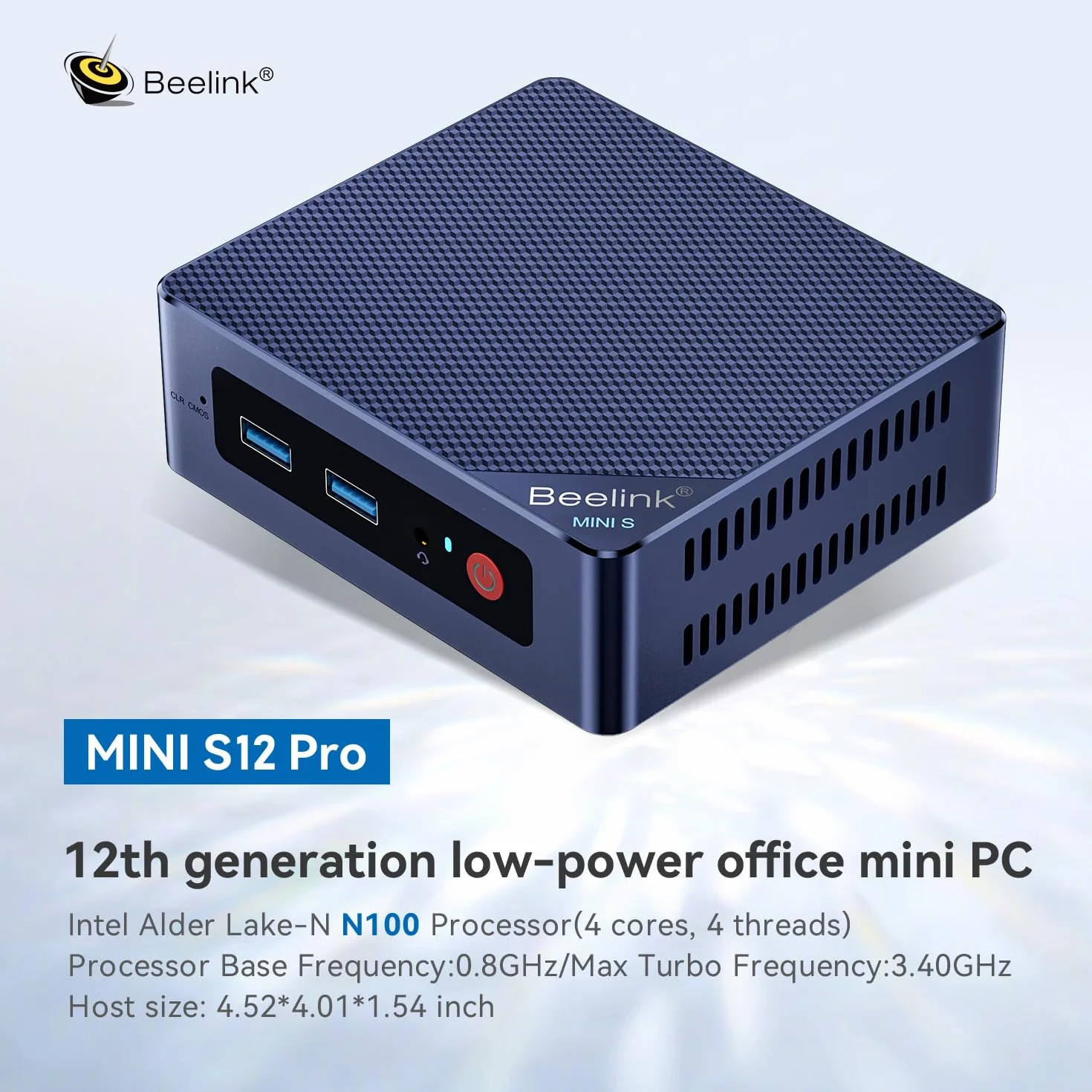 Beelink Mini PC Mini S12 Pro, Intel Alder Lake N100 de 12ª (hasta 3,4 GHz), miniordenador, 12 GB de RAM, SSD de 512 GB, Ordenador de Oficina, Doble Salida HDMI/Wi-Fi 6/Bluetooth 5.2/RJ45/WOL
