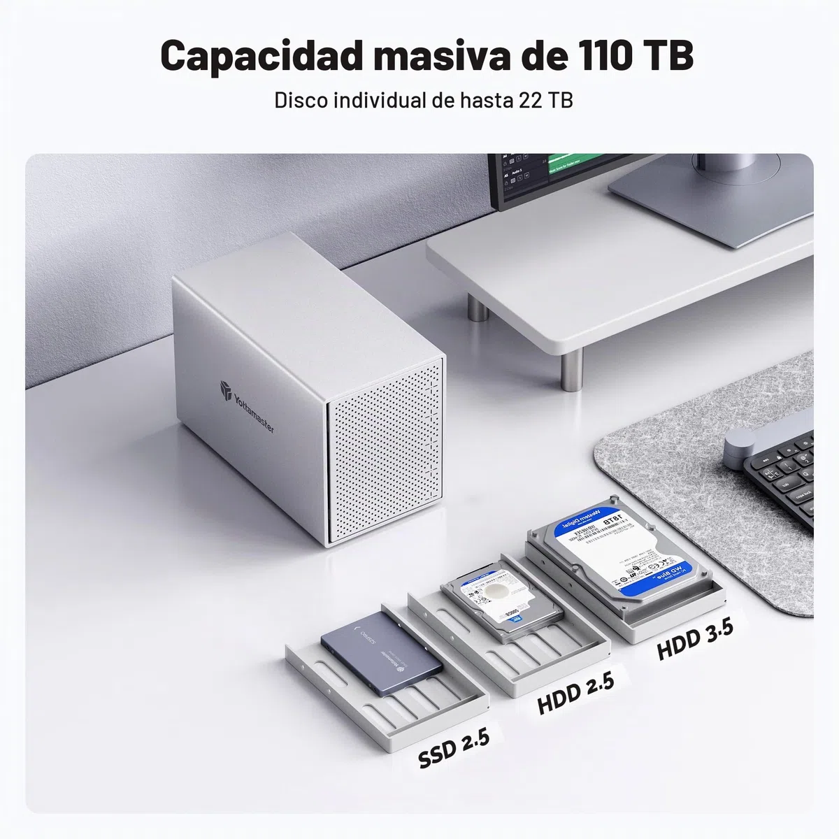 Yottamaster 5 Bahías Carcasa Discos Duros, Aluminio Esterno Hard Disk 3.5″/2.5″ SATA HDD, Ventilador silencioso 80 mm - USB3.0 a SATA3.0 6Gbps Soporta 4x22TB