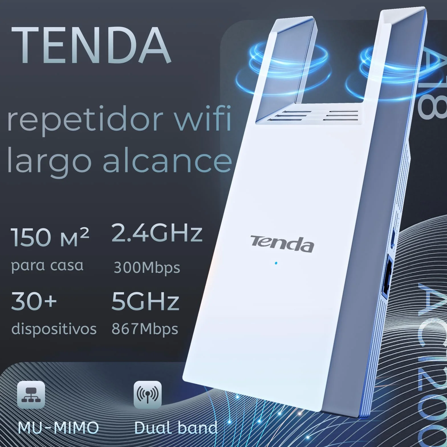 Tenda A18 AC1200 Repetidor WiFi, Extensor Amplificador Doble Banda 2.4/5 GHz, Cobertura hasta 150 m², Puerto Ethernet, Modo Ap, Indicador LED, WPS, WPA2