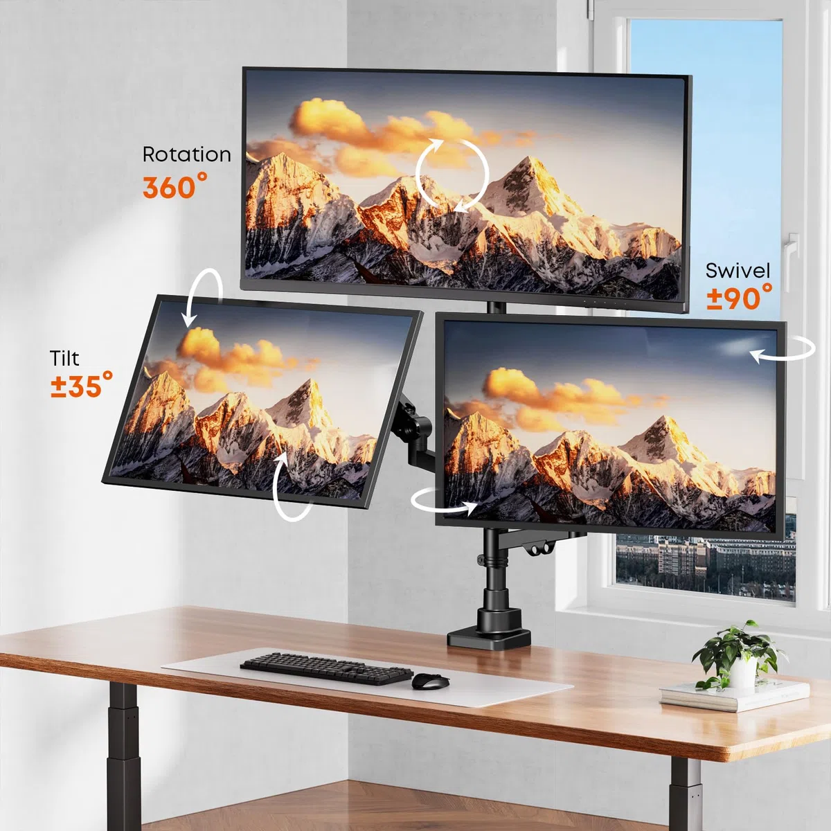 PUTORSEN Soporte para 3 monitores con Pantalla de 17-35 Pulgadas, Soporte para 3 monitores Regulable en Altura con 12 kg por Brazo, Barra de 80 cm, VESA 75/100 mm