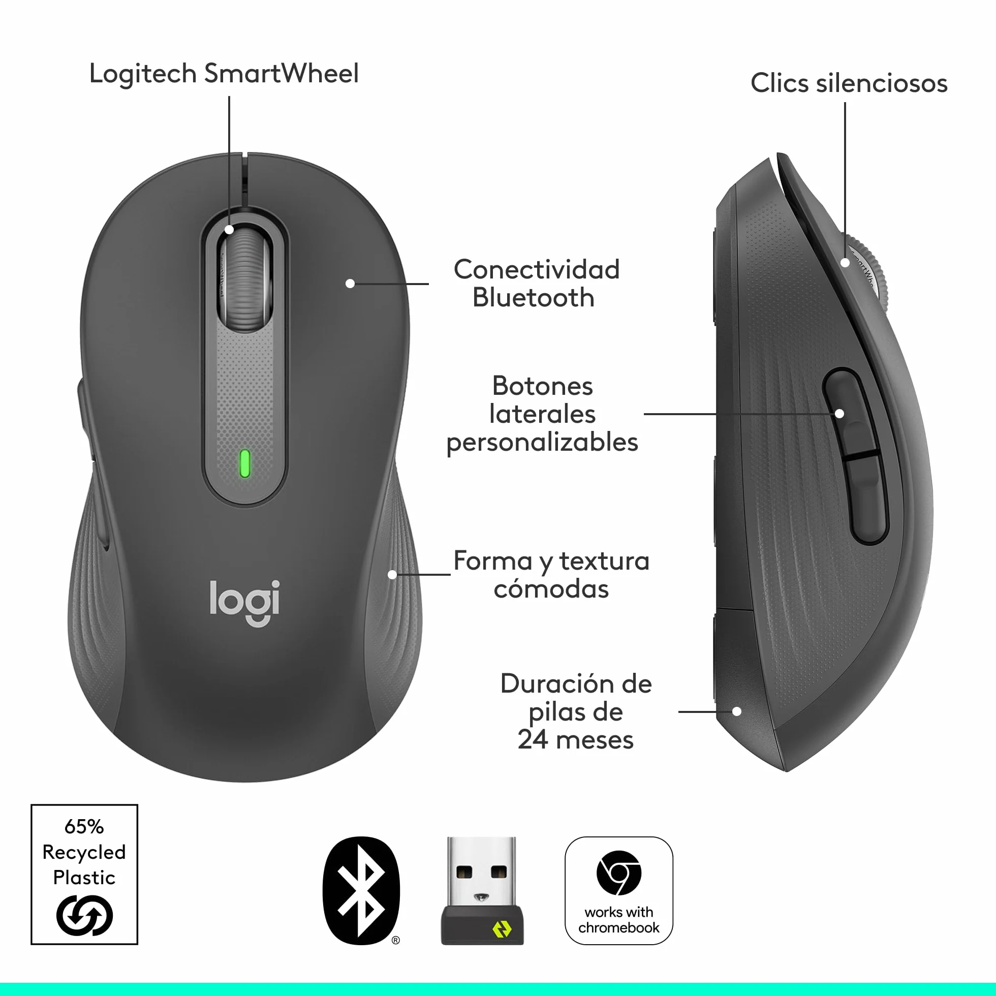 Logitech Signature M650 L ratón inalámbrico de tamaño Normal - para Manos Grandes, 2 años de Pila, clics silenciosos, Botones Personalizables, Bluetooth, PC/Mac/multidispositivo/Chromebook - Grafito
