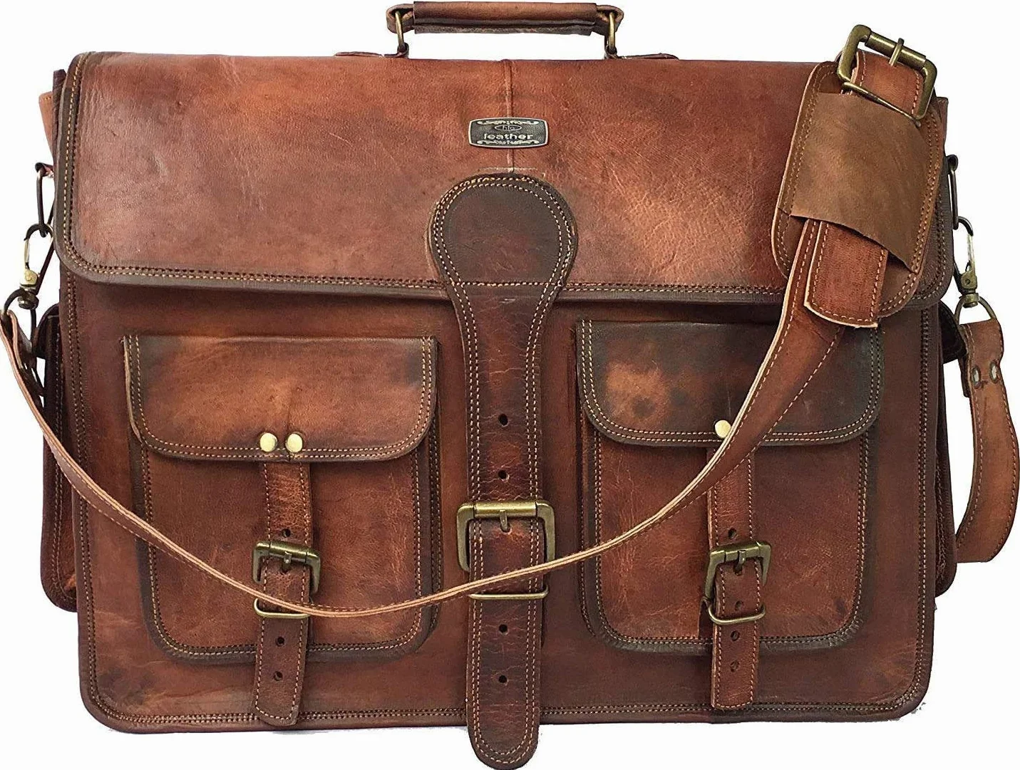 DHK - Maletín de piel vintage hecho a mano de 18 pulgadas para hombre