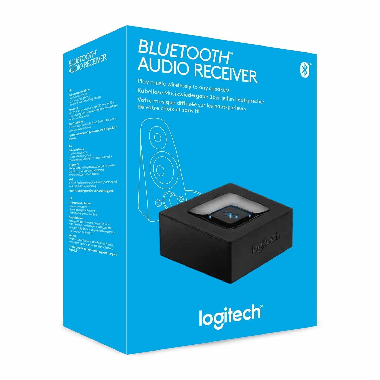 Logitech Receptor de Audio Inalámbrico, Adaptador Bluetooth para PC/Mac/Smartphone/Tablet/Receptores AV, Salidas 3.5 mm y RCA para Altavoces, Sencillo Emparejamiento, Enchufe EU - Negro
