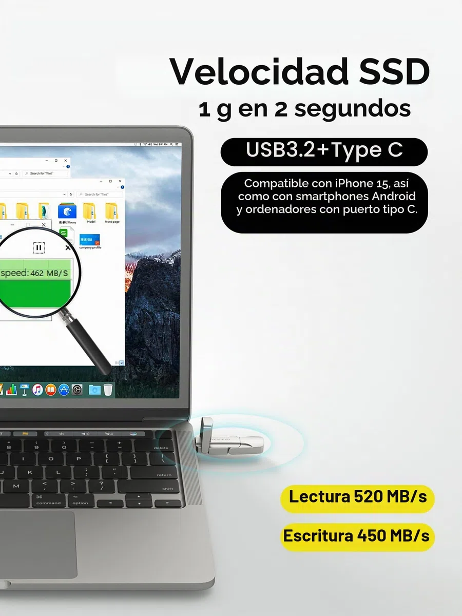 MOVE SPEED USB C Pendrive 128 GB – Disco Duro Externo SSD de Alta Velocidad 400 MB/s, Dual Tipo-C + USB 3.2 Gen2, Memoria Externa OTG Compatible con Smartphones, iPhone 15, MacBook, laptops y Tablets