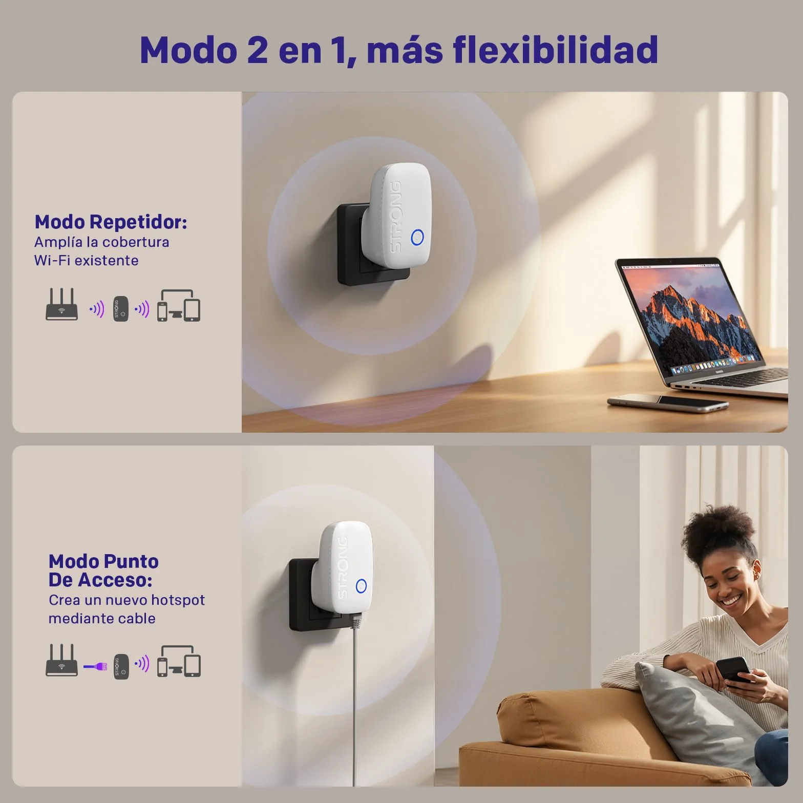 Strong Repetidor WiFi AC1200 de Pared – Amplificador señal WiFi Potente Dual Band, repetidor WiFi Largo Alcance, WiFi Extender para casa con WPS y Puerto LAN