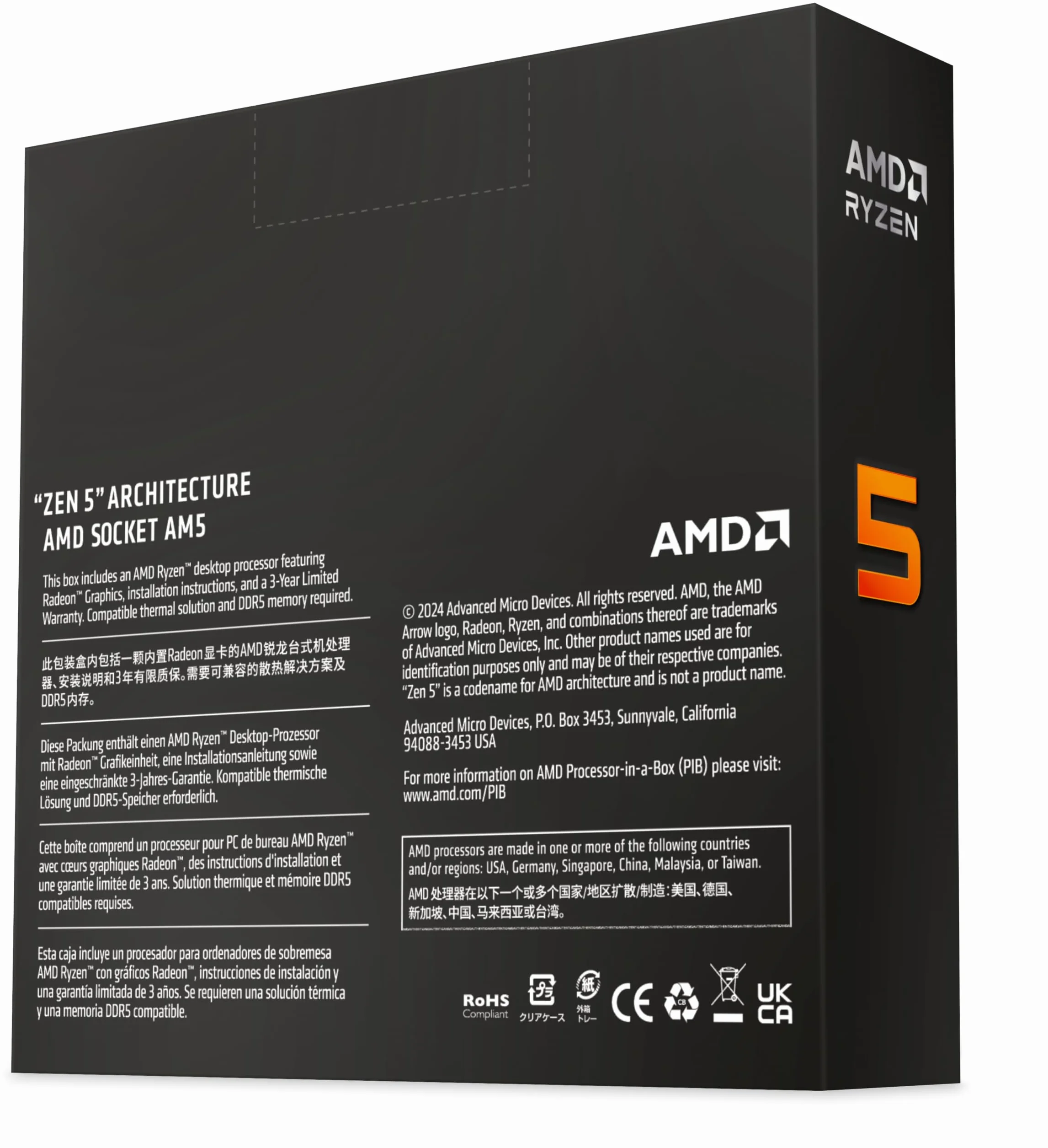 AMD Ryzen 5 9600X Procesador (Tarjeta gráfica Radeon integrada, 6 núcleos/12 Threads, 65W DTP, Socket AM5, 38MB Caché, Reloj de Aumento máx. hasta 5.4 GHz, sin Ventilador)