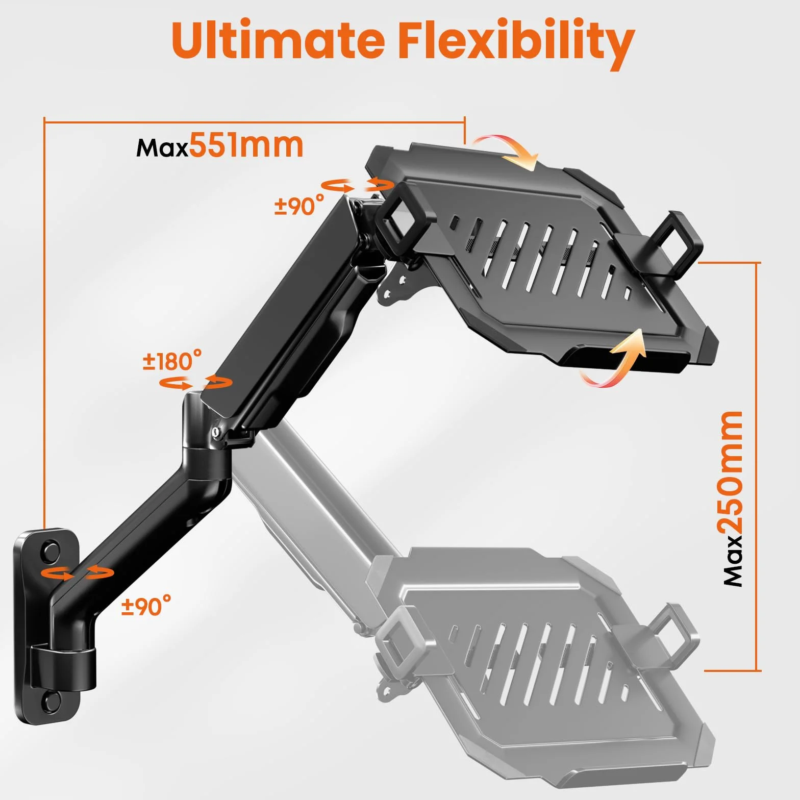 Soporte de Pared para Portátil de 12-17 Pulgadas - Altura Ajustable con Plataforma de Refrigeración Ventilada, Capacidad 1-9 kg, VESA 75/100 mm, También Válido para Monitor, Gestión de Cables