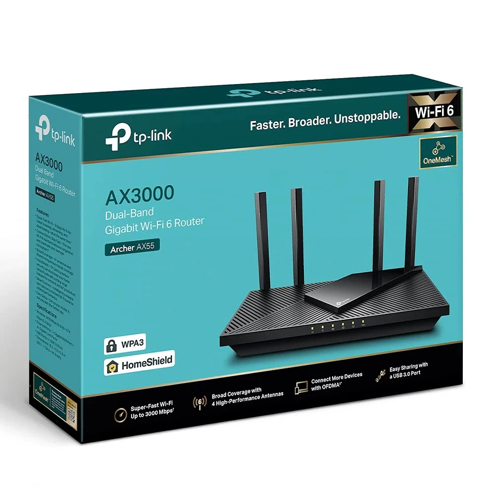 TP-Link Archer AX55 - Versión Antigua WiFi 6 Router AX3000, Soporta Mesh, Dual Band 5GHz/2GHz, 1x WAN / 4xLAN Gigabit, Puerto USB 3.0, Chasis Fino, Disipador de Calor, OFDMA, QoS, WPA3
