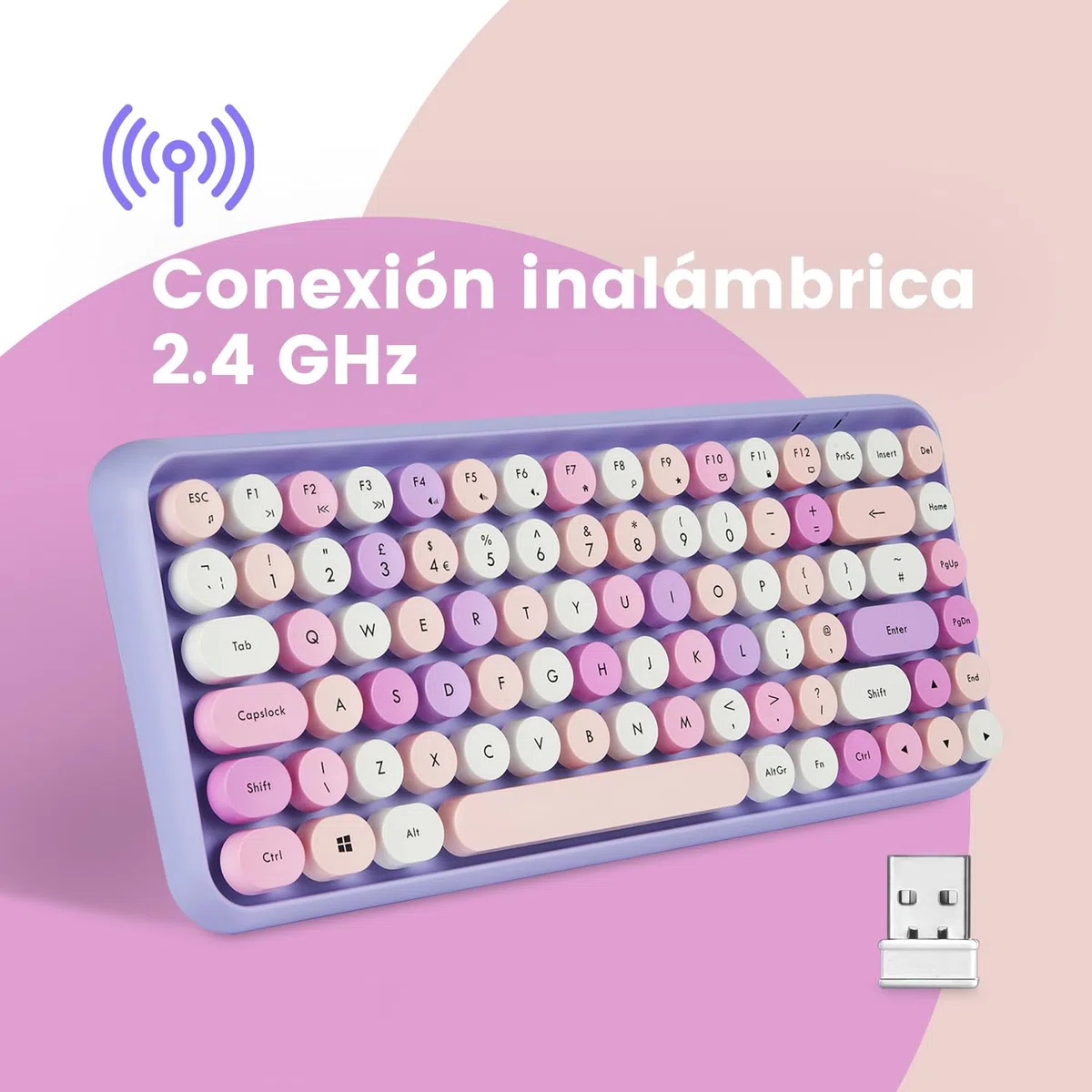 Perixx PERIDUO-713PP ES Set de ratón y Mini Teclado inalámbrico 2.4 GHz, Teclas Redondas Estilo Retro, para PC y Tablet, Morado Pastel, Español QWERTY