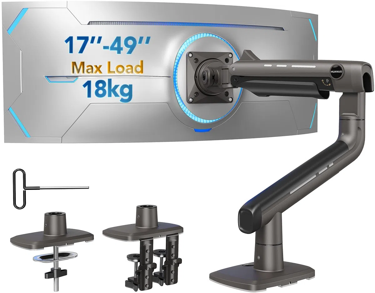 Brazo Monitor HUANUO para Pant Ultraan a 49 Pulgadas, Soporta a 18kg, Soporte Escritorio Aluminio para Pant Ultraan, Soporte Monitor Único Ajustable con Abrazadera-C, Base Grommet, VESA Máx 100x100mm