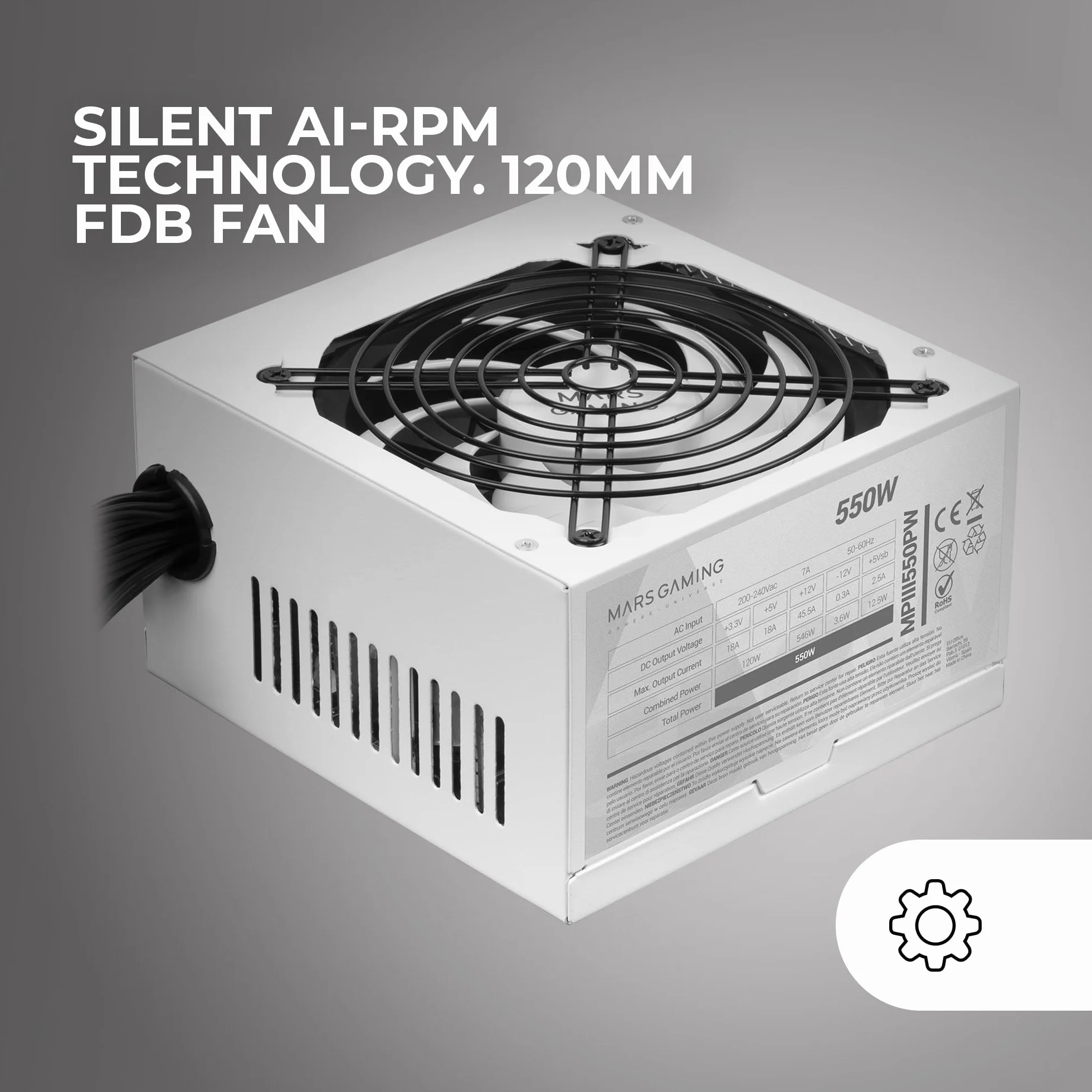 Mars Gaming MPIII550P, Fuente Alimentación ATX 550W, 5 Años de Garantía, 85% Eficiencia, Sistema Digital APFC, Ventilador FDB 120mm AI-RPM, Tecnologías DC-DC y SMD, Cables Planos Extralargos, Blanco