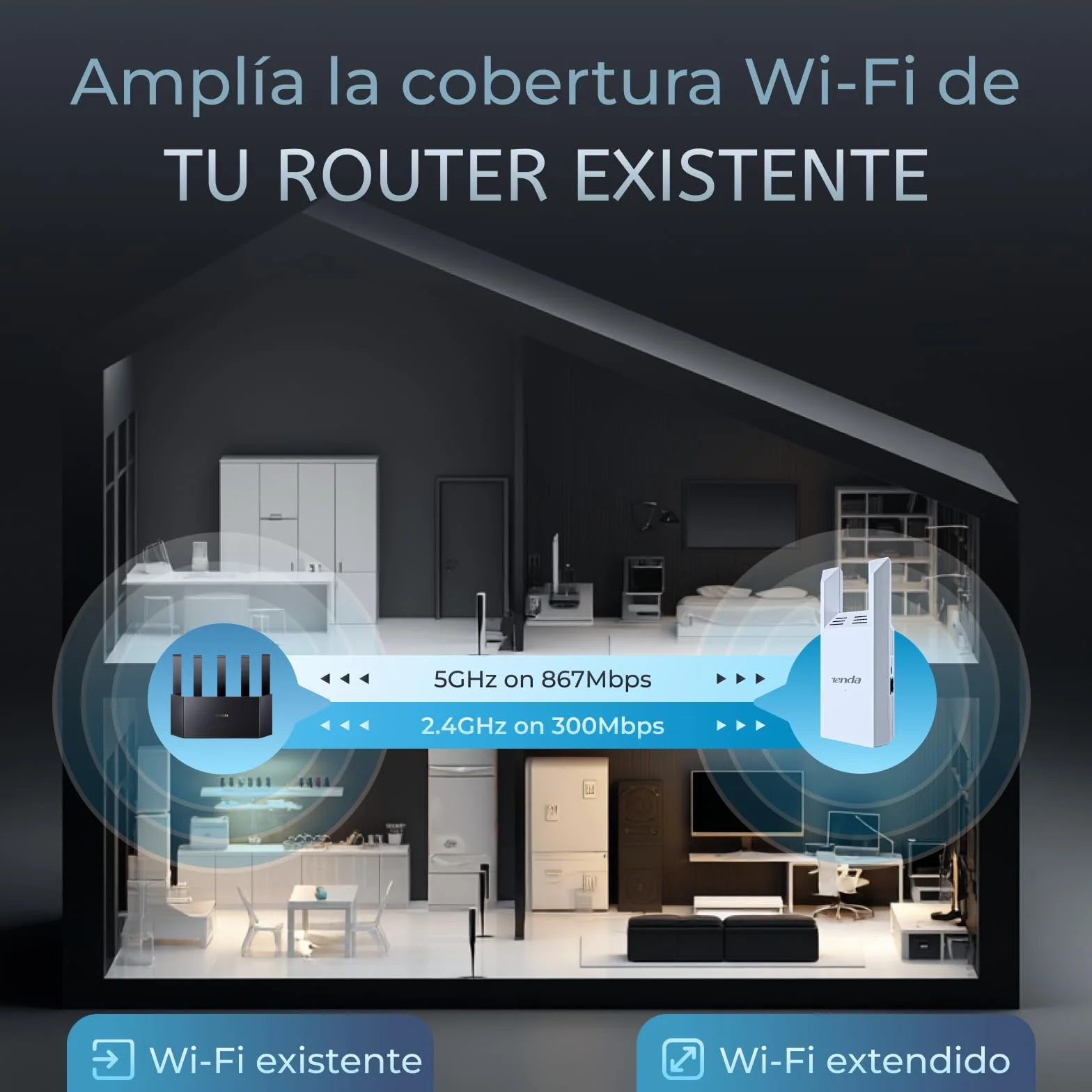 Tenda A18 AC1200 Repetidor WiFi, Extensor Amplificador Doble Banda 2.4/5 GHz, Cobertura hasta 150 m², Puerto Ethernet, Modo Ap, Indicador LED, WPS, WPA2
