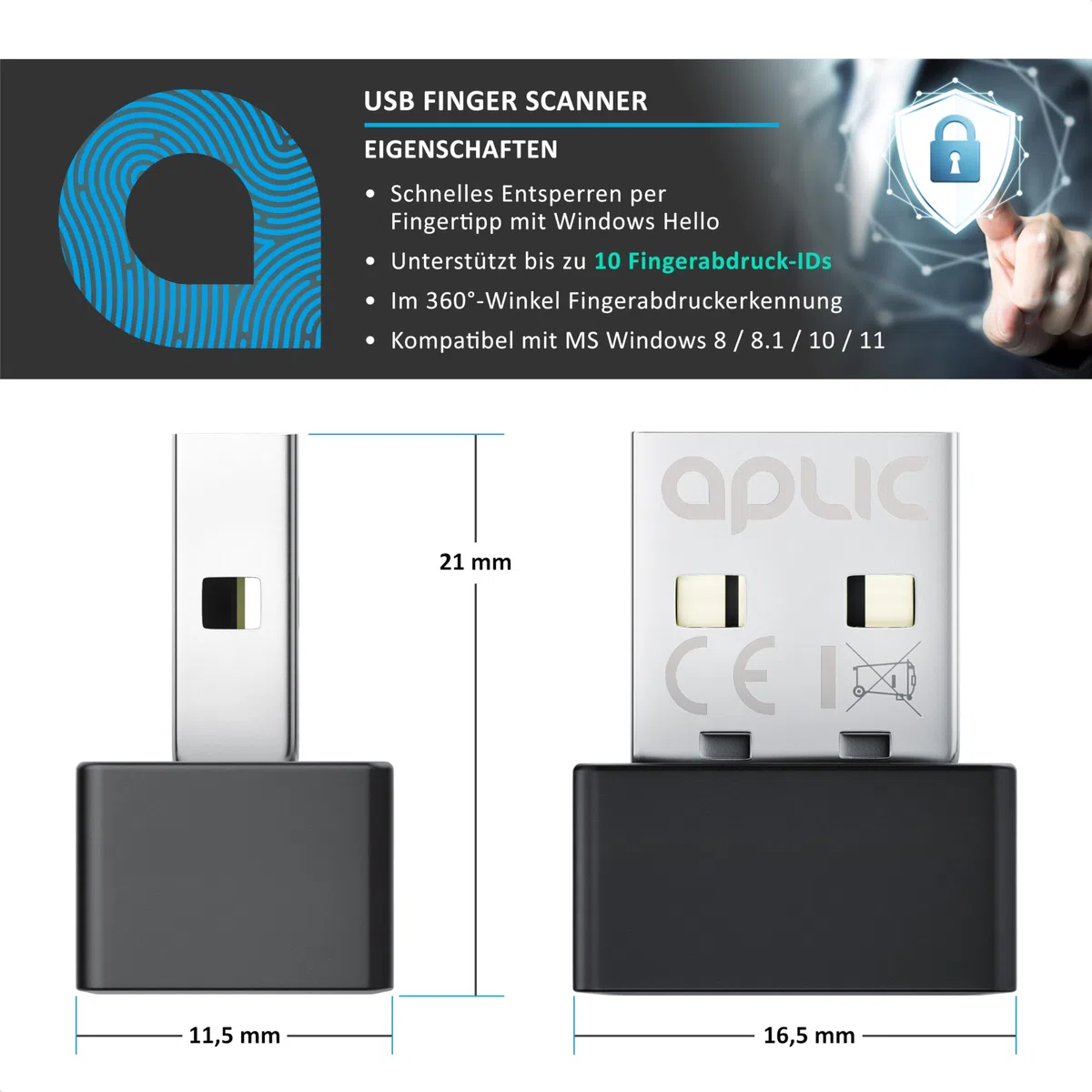 CSL - Lector de Huellas Dactilares USB - hasta 10 ID - Windows 8 10 11 - Soporta hasta 10 ID - USB - Plug & Play - Escáner de Dedos - Reconocimiento Completo