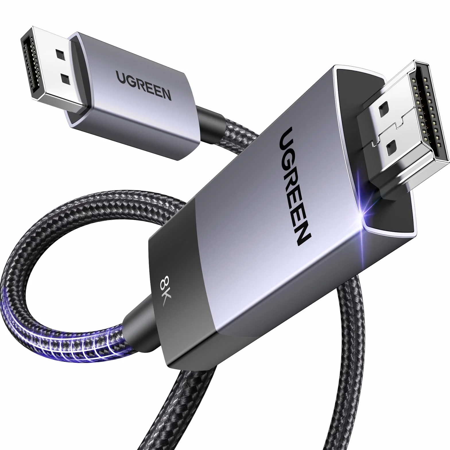 UGREEN Cable DisplayPort 1.4 a HDMI 2.1 Unidireccional 8K 60Hz 4K 240Hz HDR HDCP Nylon Trenzado Compatible con PC TV Proyector Monitor, 2M