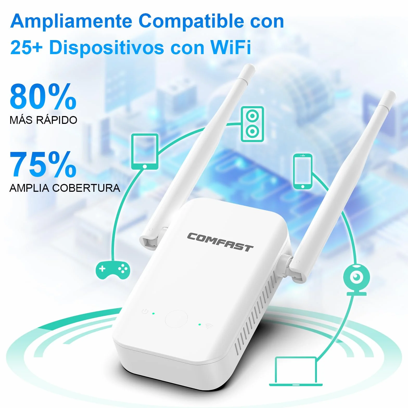 COMFAST Repetidor WiFi, N300Mbps Amplificador Señal WiFi para Casa y Oficina con 2 Antenas Externas, Extensor de Cobertura, Botón WPS, Indicador de Señal, Compatible con los Routers