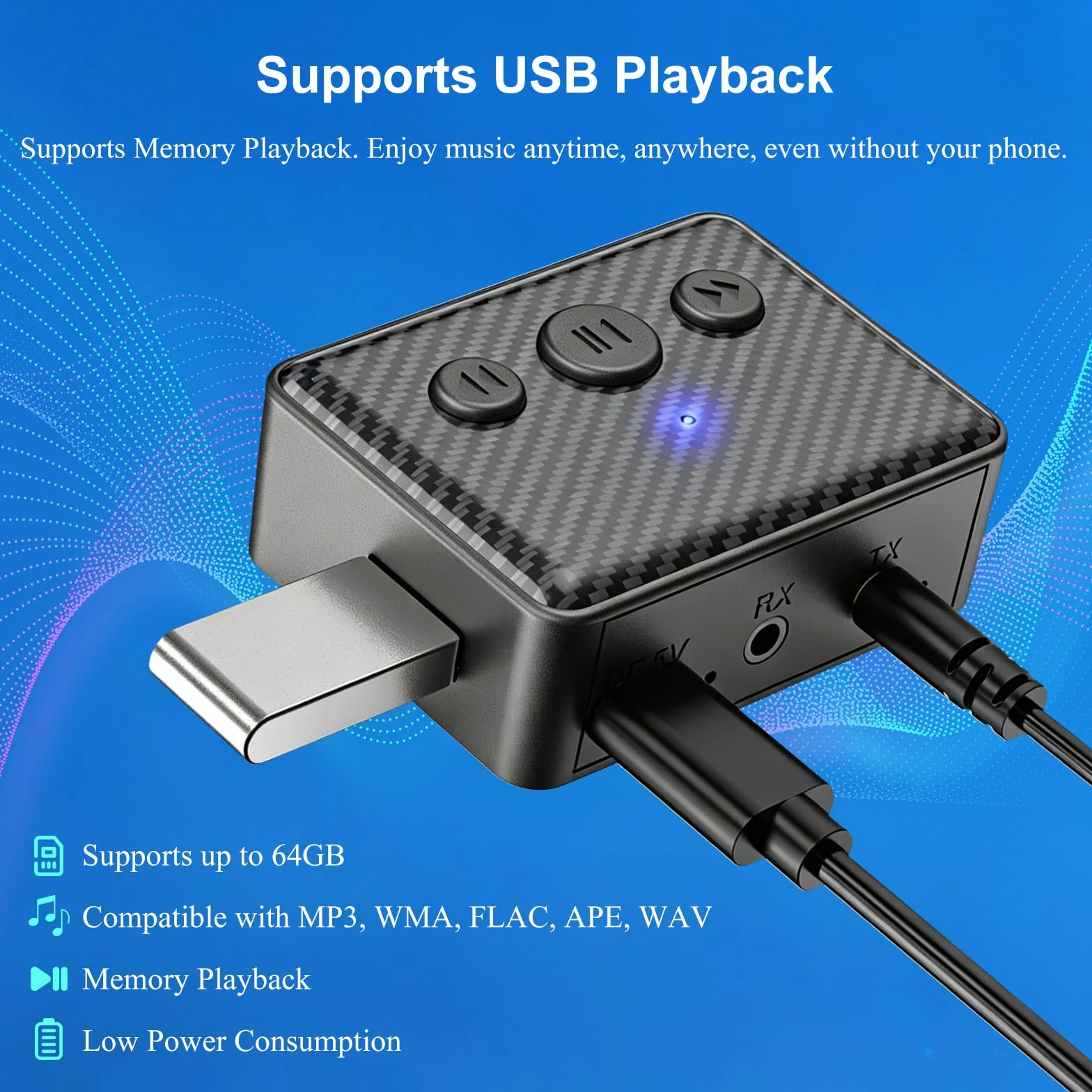 Adaptador Audio Bluetooth 6.0 Transmisor & Receptor 2-en-1,Bluetooth Adapter Receiver Transmitter,para Coche,TV,Altavoces & Cadena de Música con RCA,Cables AUX 3.5mm & RCA,Reproducción USB
