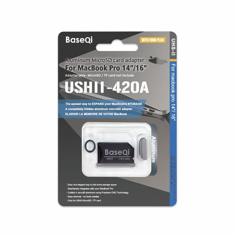 Baseqi Adaptador microSD de aluminio UHS-II para MacBook Pro 2021 M1/2022 M2/2023 M3 de 14 pulgadas y 16 pulgadas