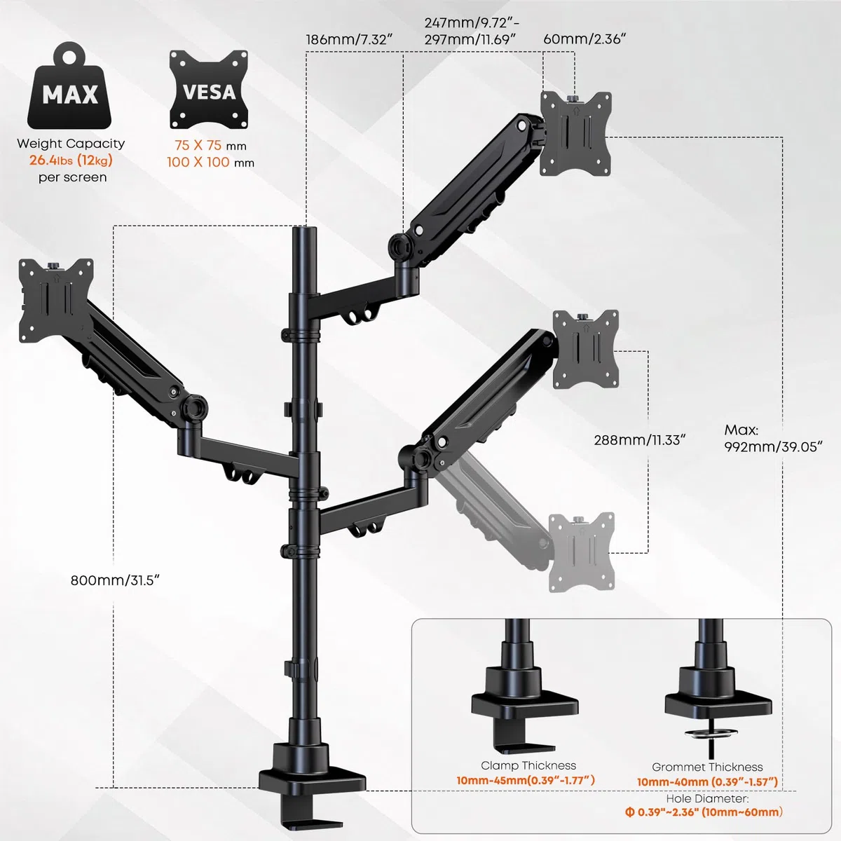 PUTORSEN Soporte para 3 monitores con Pantalla de 17-35 Pulgadas, Soporte para 3 monitores Regulable en Altura con 12 kg por Brazo, Barra de 80 cm, VESA 75/100 mm