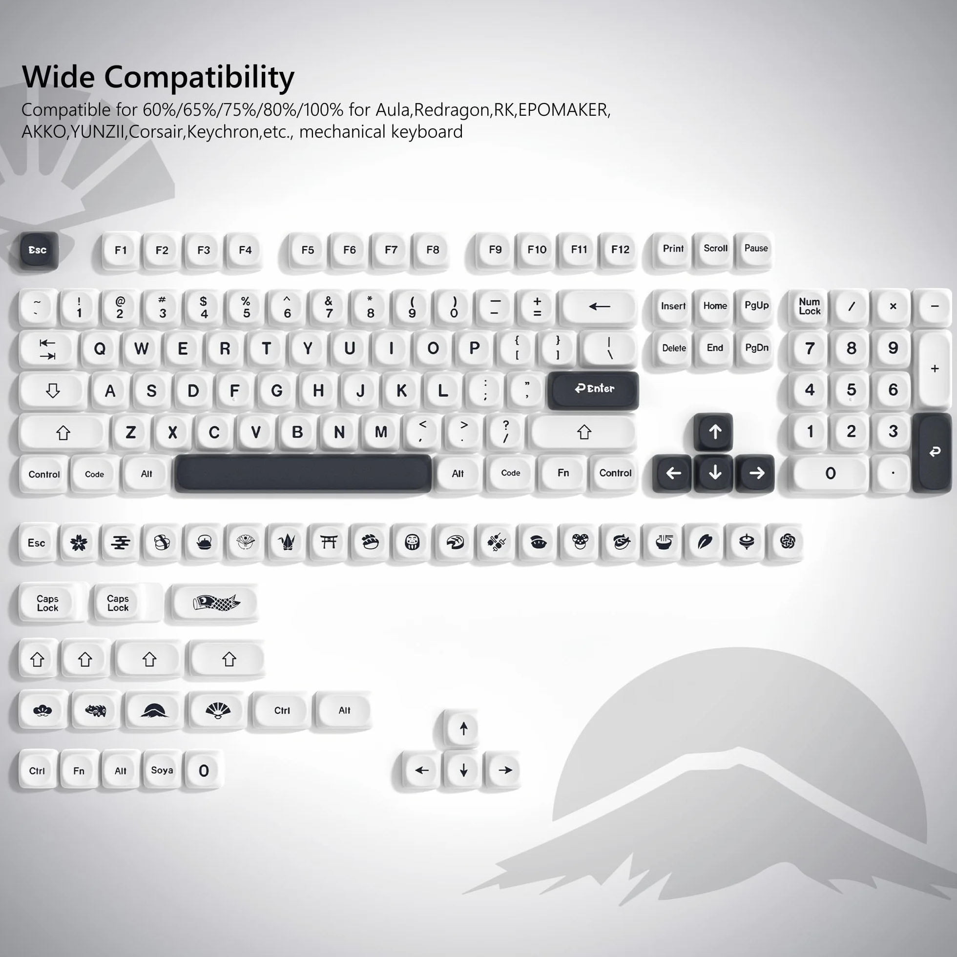 Womier Teclas PBT 60 65 75 100 por ciento, Teclas Moa Sublimación, Juego de Teclas de Teclado Personalizado para Teclado mecánico Cherry MX 61/64/68/84/87/100/104/108, Estilo japonés