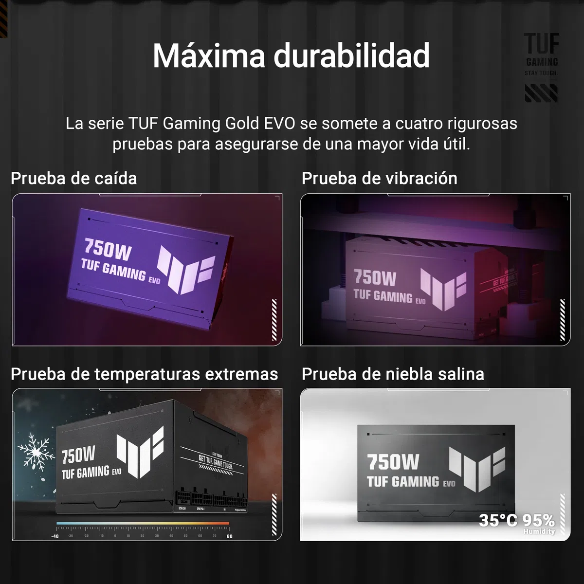 ASUS TUF Gaming 750W Gold EVO - Fuente de alimentación Modular (certificación 80 Plus y Cybenetics Gold, ATX 3.1, PCIe 5.1, Cable 12V-2x6, 8 años de Cobertura, componentes de Grado Militar)