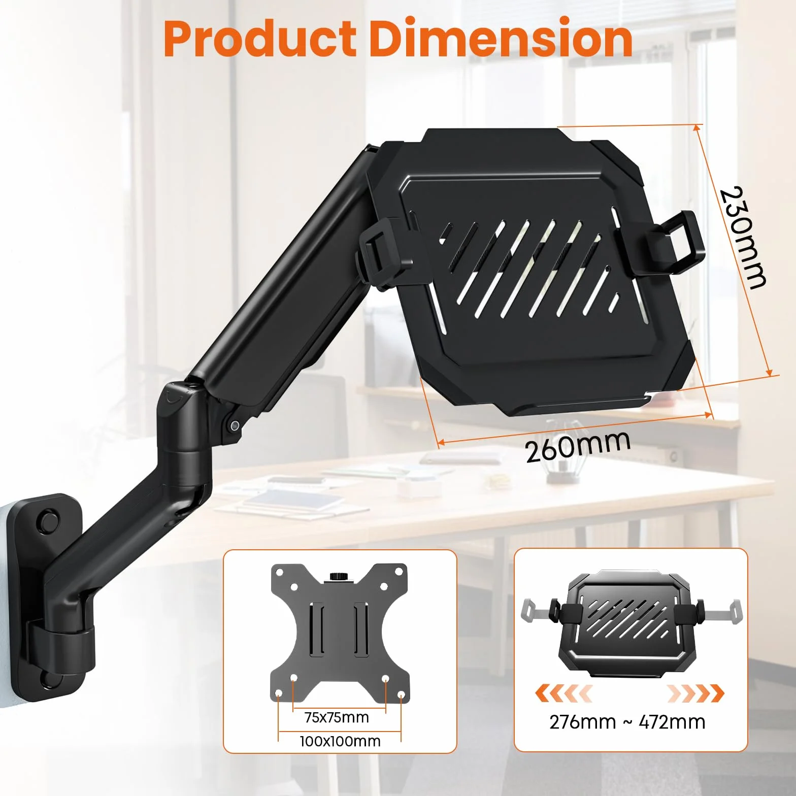 Soporte de Pared para Portátil de 12-17 Pulgadas - Altura Ajustable con Plataforma de Refrigeración Ventilada, Capacidad 1-9 kg, VESA 75/100 mm, También Válido para Monitor, Gestión de Cables