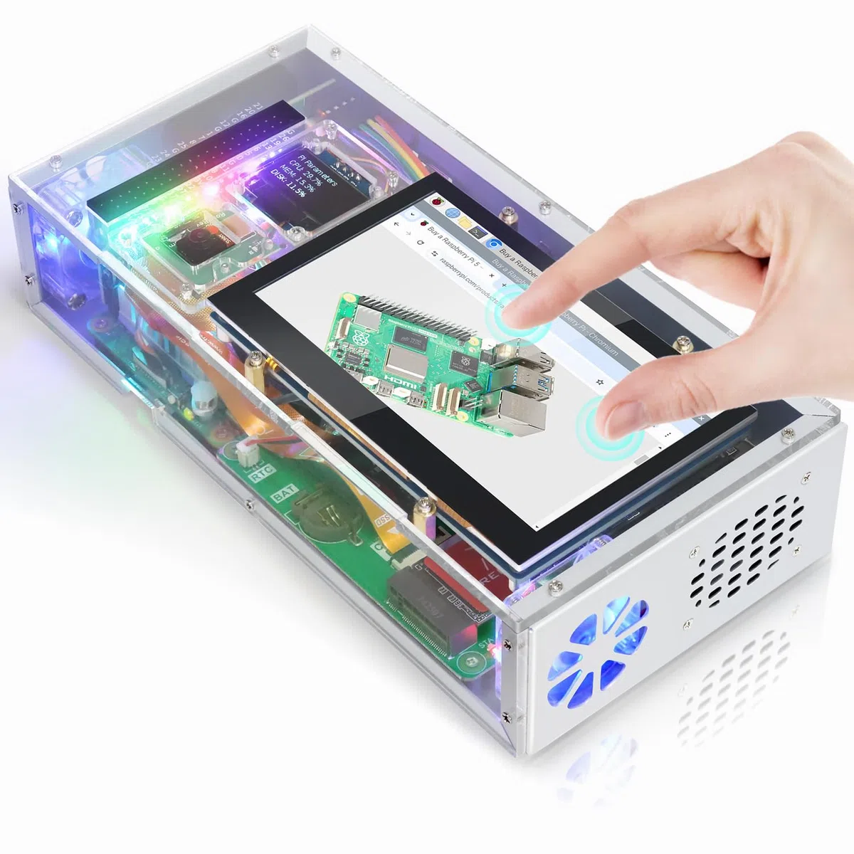 Freenove Computer Case Kit for Raspberry Pi 5 (Not Included), 128GB M.2 NVMe SSD 800 MB/s, 4.3 Inch Touchscreen, 5 MP Camera, OLED Screen, Stereo Speakers, 3.5 mm and Optical Audio (S/PDIF)