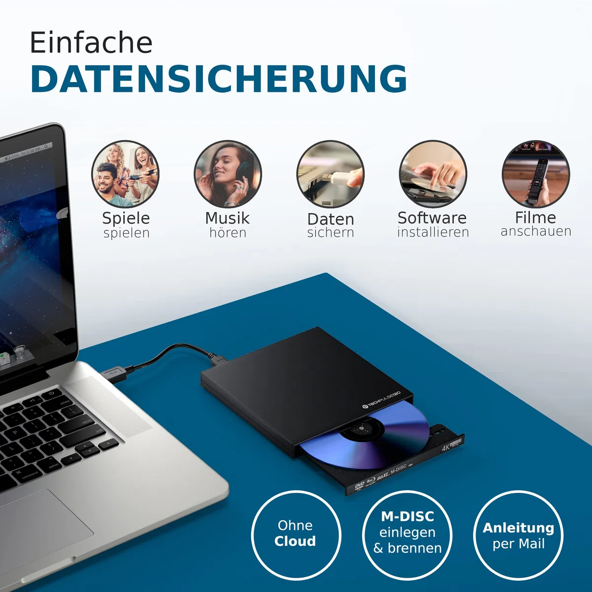techPulse120 External UHD 4k 3D M-Disc BDXL Reproductor USB 3.0 BLU-Ray Grabadora Quemador Superdrive UltraSlim UltraHD Drive BD DVD CD Ultra para computadora Notebook Ultrabook Windows Mac OS Apple