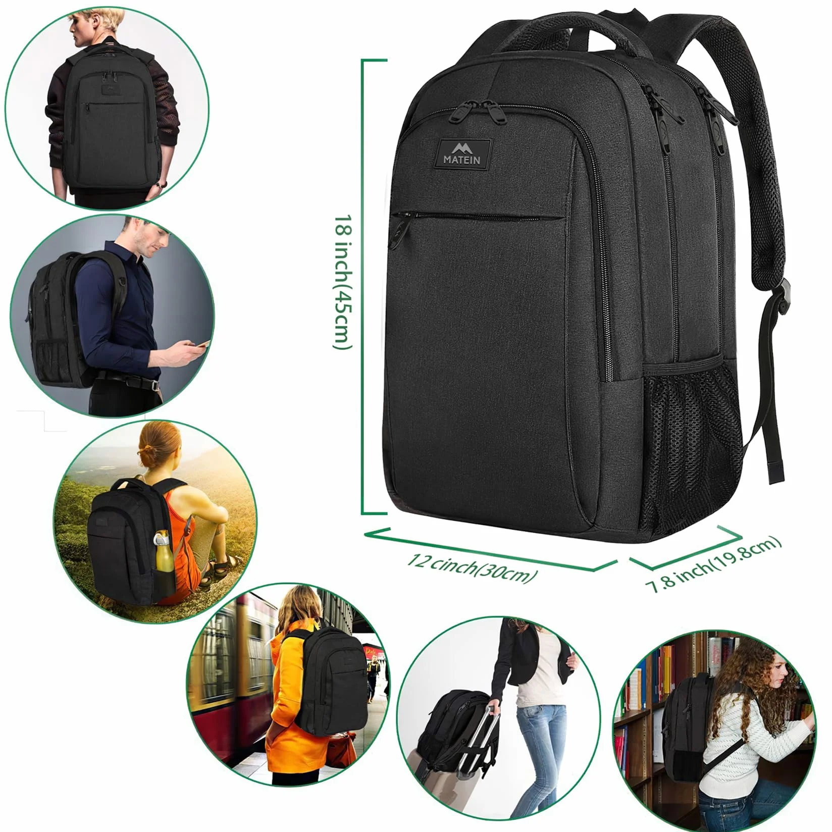 MATEIN Mochila Portatil Hombre Impermeable, Mochila Ordenador Portatil 15.6 Pulgadas con Gran Capacidad, Mochilas Portátil Antirrobo Laptop Backpack del Negocio Trabajo Diario Viaje Escolares - Negro