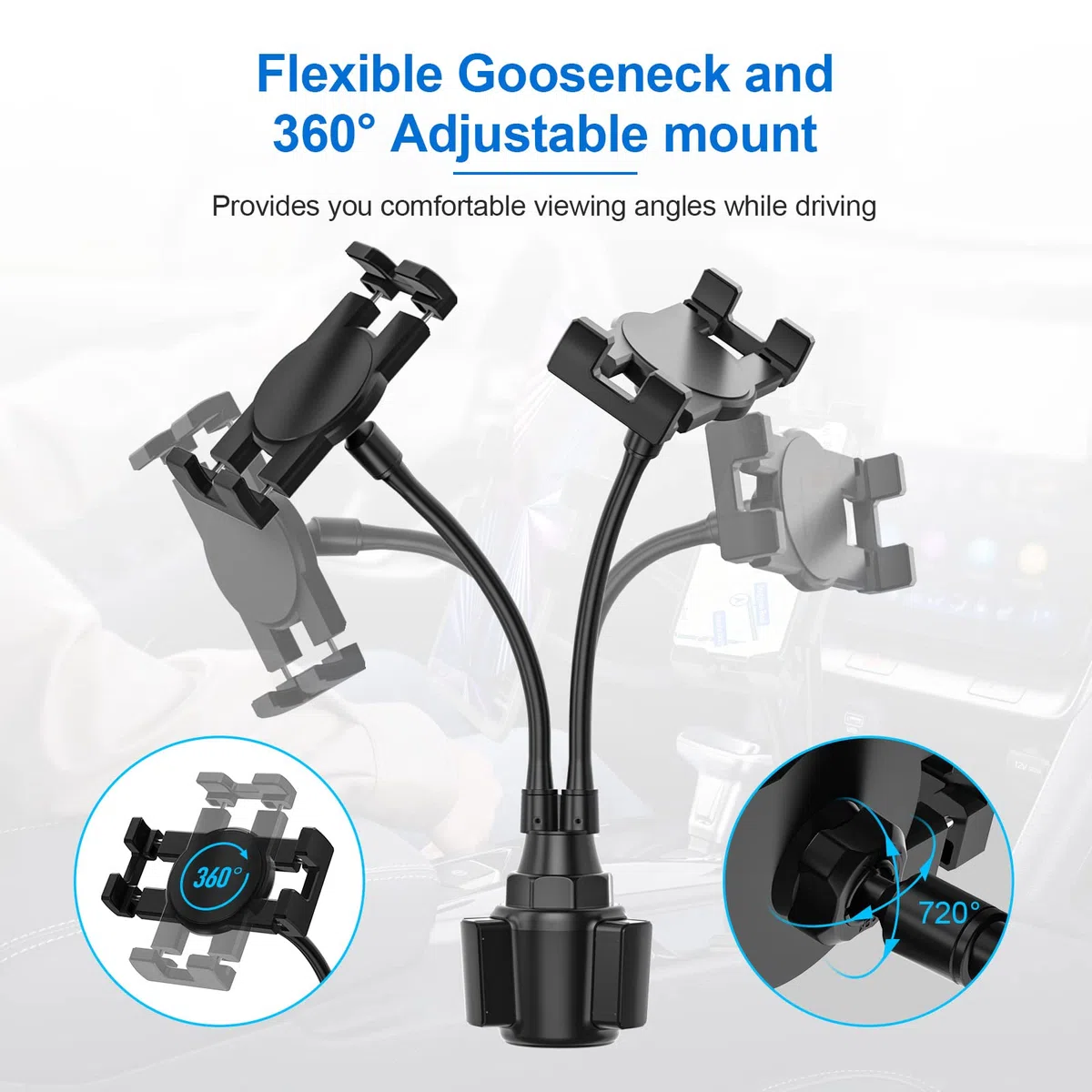 Soporte Tablet Portavasos Coche, Soporte Tablet Taza Coche con Brazos Dobles de Cuello de Cisne y Abrazaderas, para iPad Pro Air Mini, Galaxy Tabs, iPhone, Móvil y Tabletas de 4-12.9"