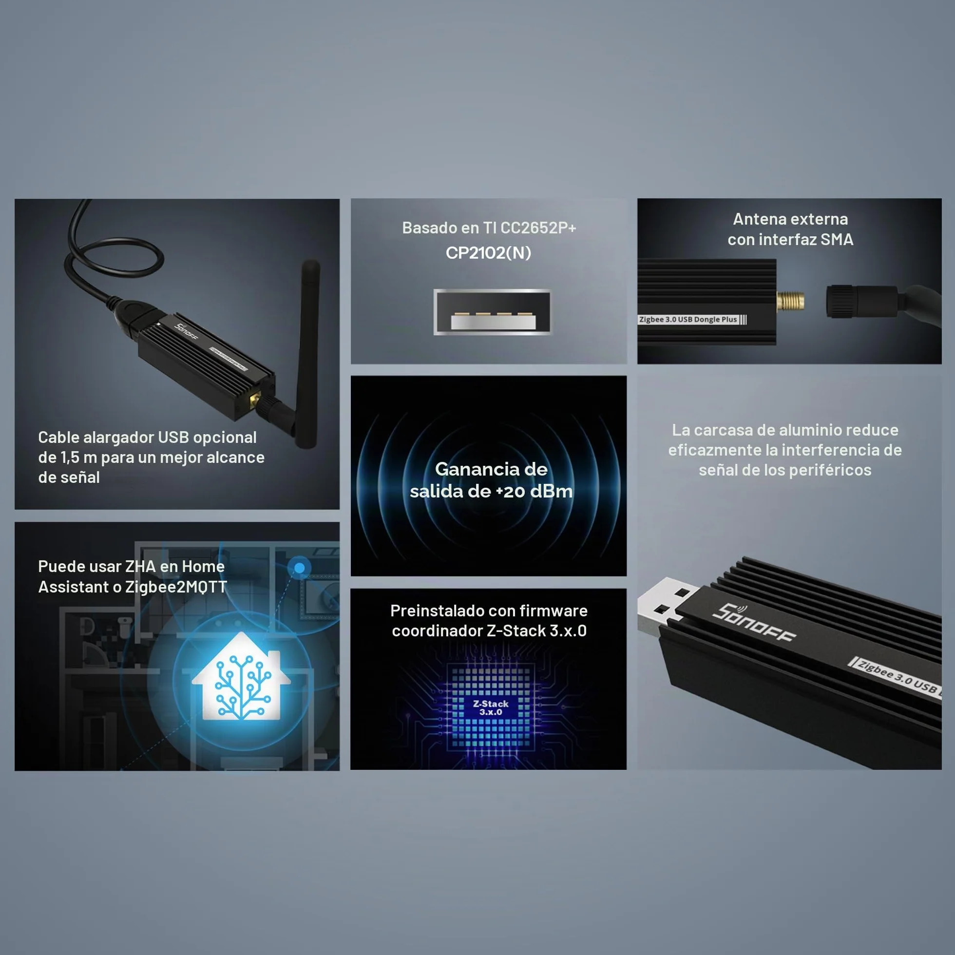 SONOFF Universal Zigbee 3.0 USB Dongle Plus Gateway con Antena para Home Assistant, IoBroker etc