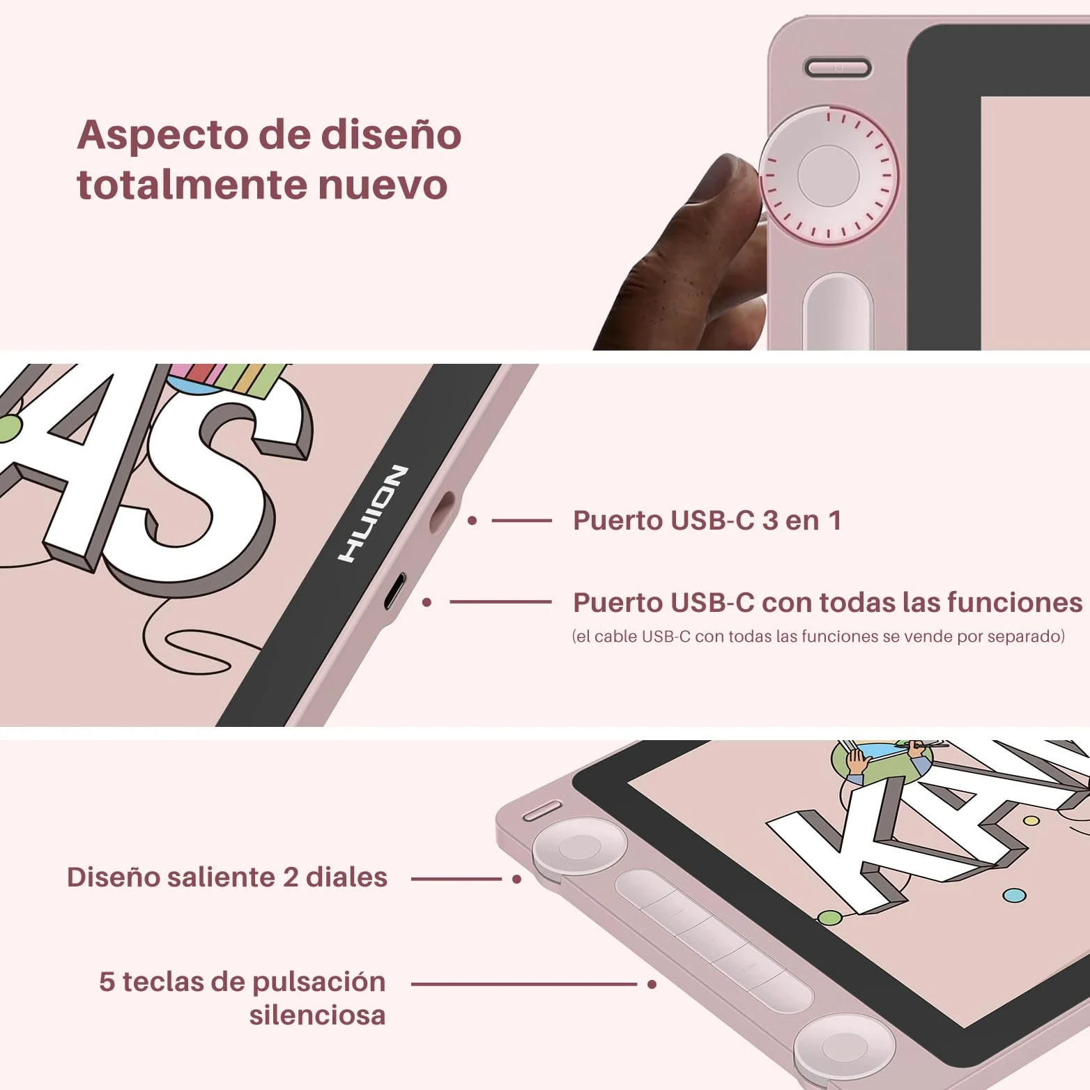 HUION Kamvas 13 Gen3 2024 Tableta Gráfica con Pantalla, Tableta de Dibujo Canvas Glass de 13,3", 99% sRGB, Nuevo Pentech 4.0, 16384 Presión del Lápiz, Diales Duales, Soporte Ajustable, Rosa