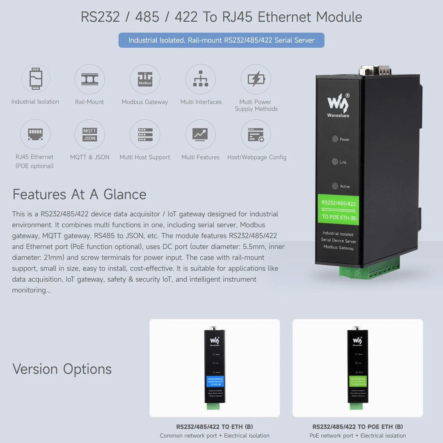 Waveshare Rail-Mount Serial Server RS232/485/422 to RJ45 Ethernet Module PoE Function TCP/IP to Serial Supports Modbus Gateway for Data Acquisition IoT Gateway and Intelligent Instrument Monitoring