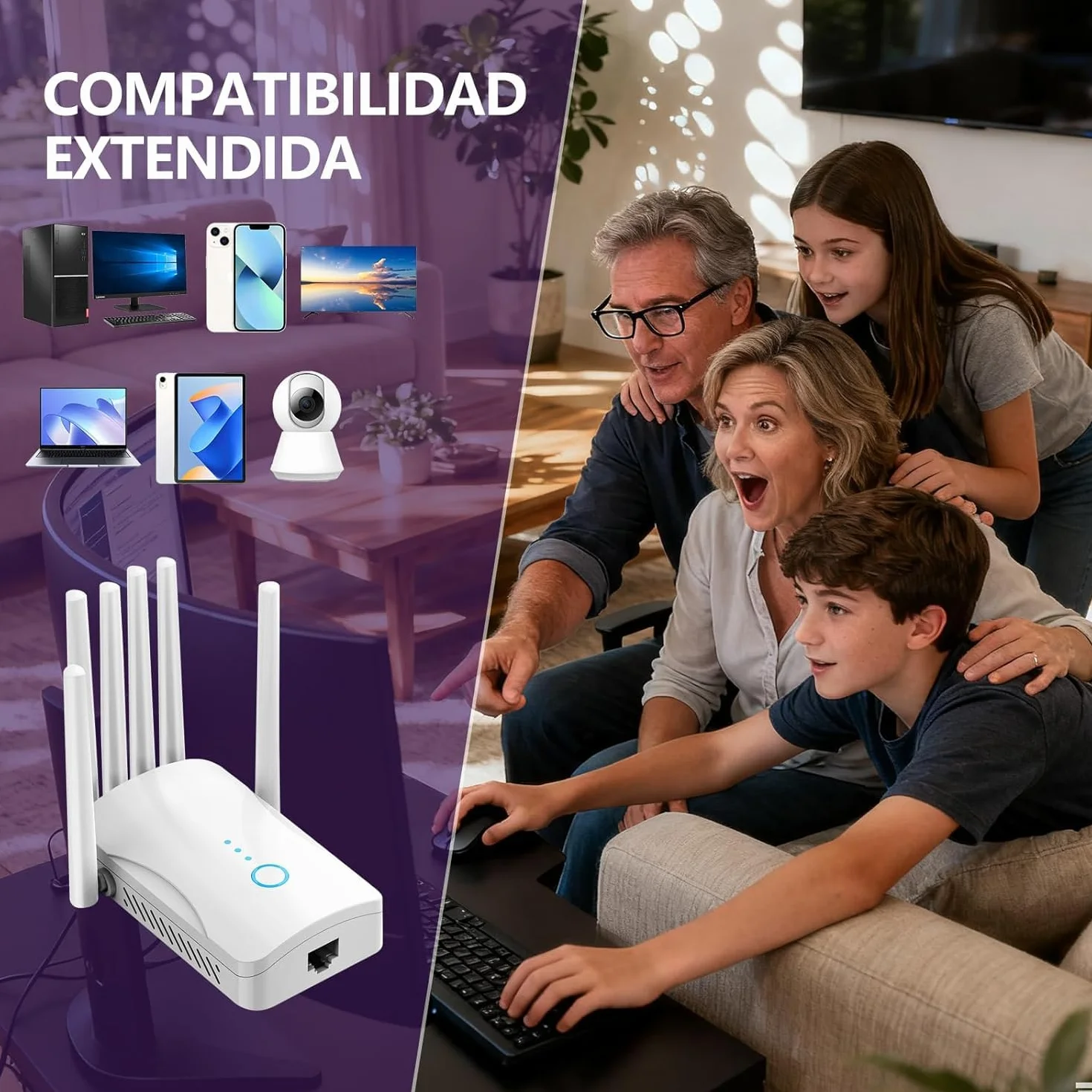 Repetidor WiFi Potente Amplificador señal WiFi, WiFi Extender Largo Alcance 6 Antenas, 1 Puertos LAN, Modos (Repetidor, Ap) Cobertura hasta 3000 pies².para Oficinas Y hogares,Fácil Instalación