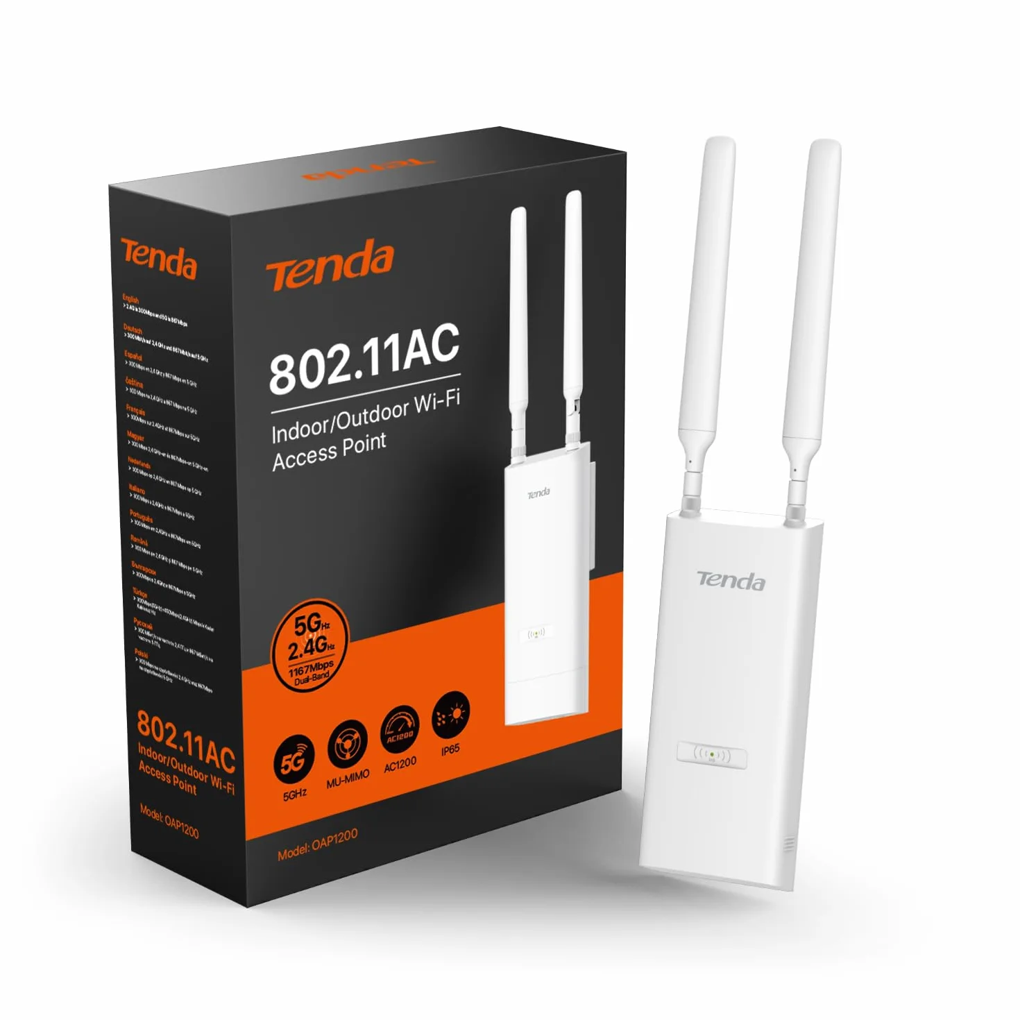 Tenda OAP1200 AC1200 Punto de Acceso Inalámbrico Gigabit para Exteriores, Doble Banda, Soporta PoE 802.3at/PoE Pasivo, Montaje en Pared/Poste, IP65 Resistente al Agua, MU-MIMO, Modos Ap/Repetidor