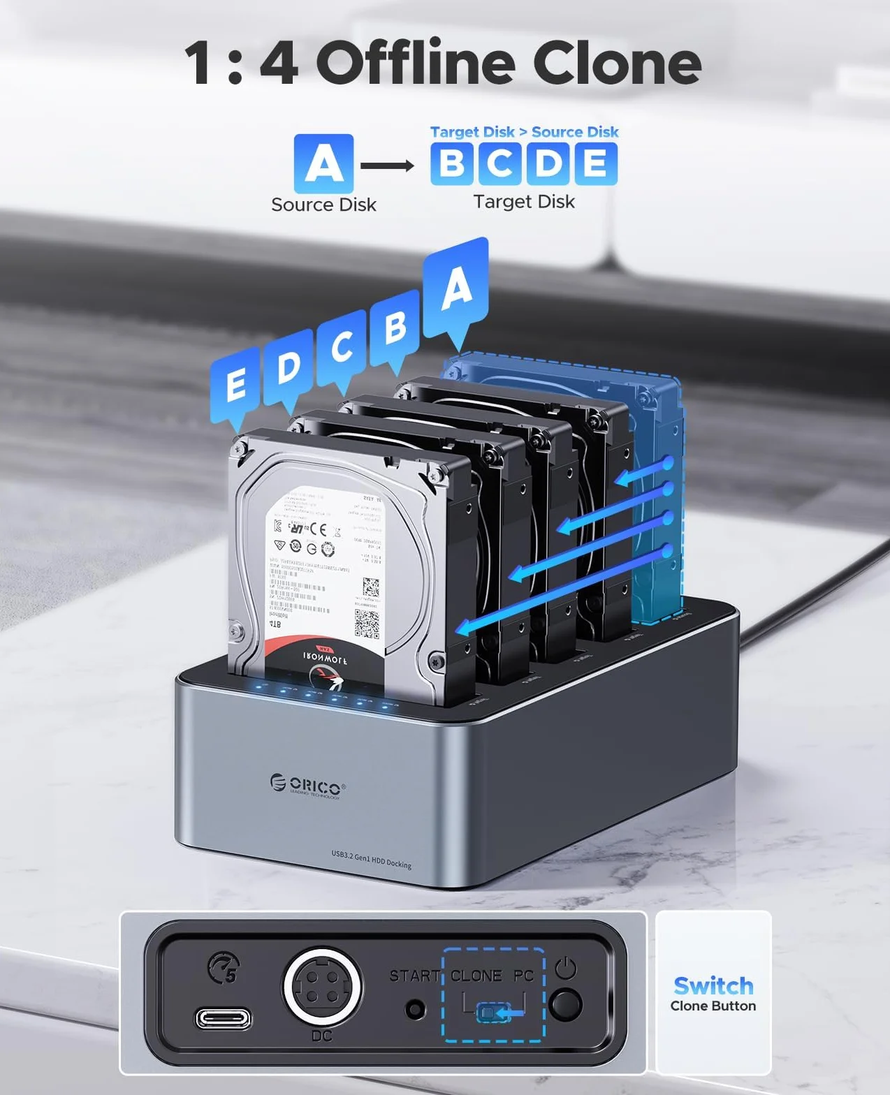 ORICO Clon 6656C3-C - Estación de acoplamiento USB 3.2 Gen 1 para discos duros (5 bahías, 2,5/3,5 pulgadas, SSD/HDD hasta 20 TB, clonación fuera de línea, fuente de 12V)