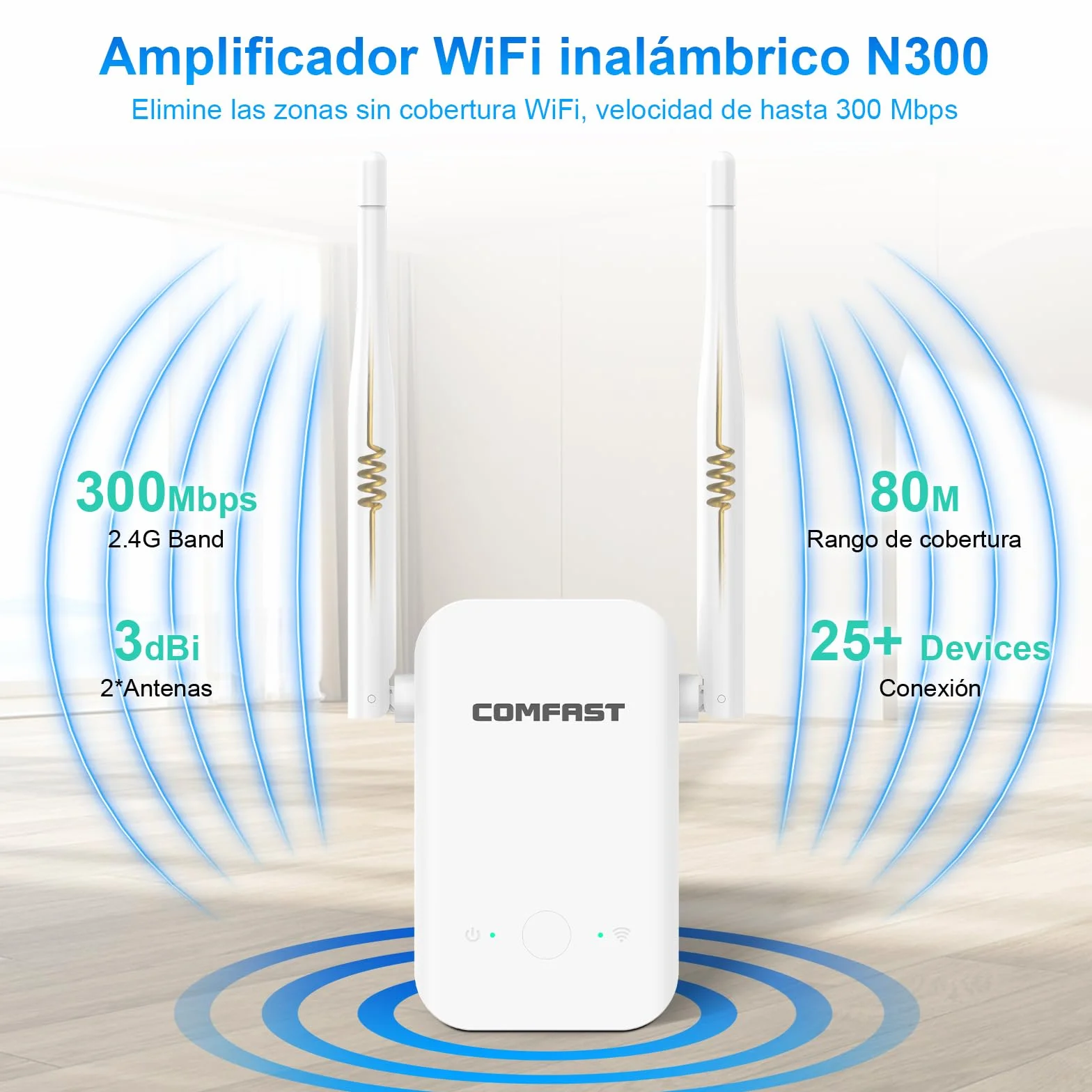 COMFAST Repetidor WiFi, N300Mbps Amplificador Señal WiFi para Casa y Oficina con 2 Antenas Externas, Extensor de Cobertura, Botón WPS, Indicador de Señal, Compatible con los Routers