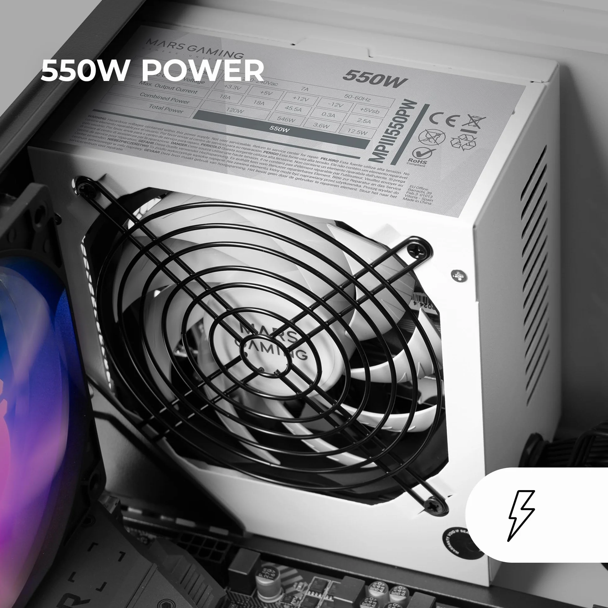 Mars Gaming MPIII550P, Fuente Alimentación ATX 550W, 5 Años de Garantía, 85% Eficiencia, Sistema Digital APFC, Ventilador FDB 120mm AI-RPM, Tecnologías DC-DC y SMD, Cables Planos Extralargos, Blanco