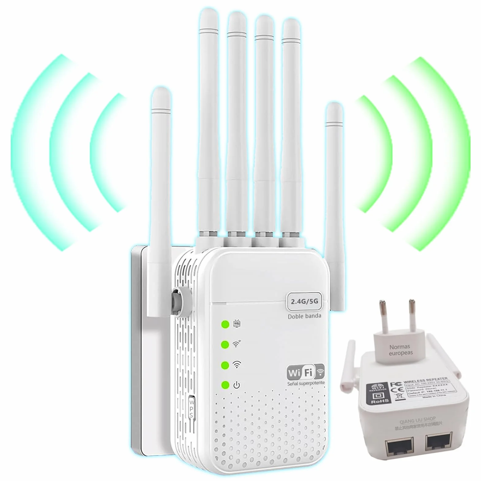 Repetidor de Doble Banda WiFi(5/2,4 GHz), con 6 Antenas y 2 Puertos Ethernet, Cobertura con Señal de Gran Penetración en Paredes, Hogar,Oficina