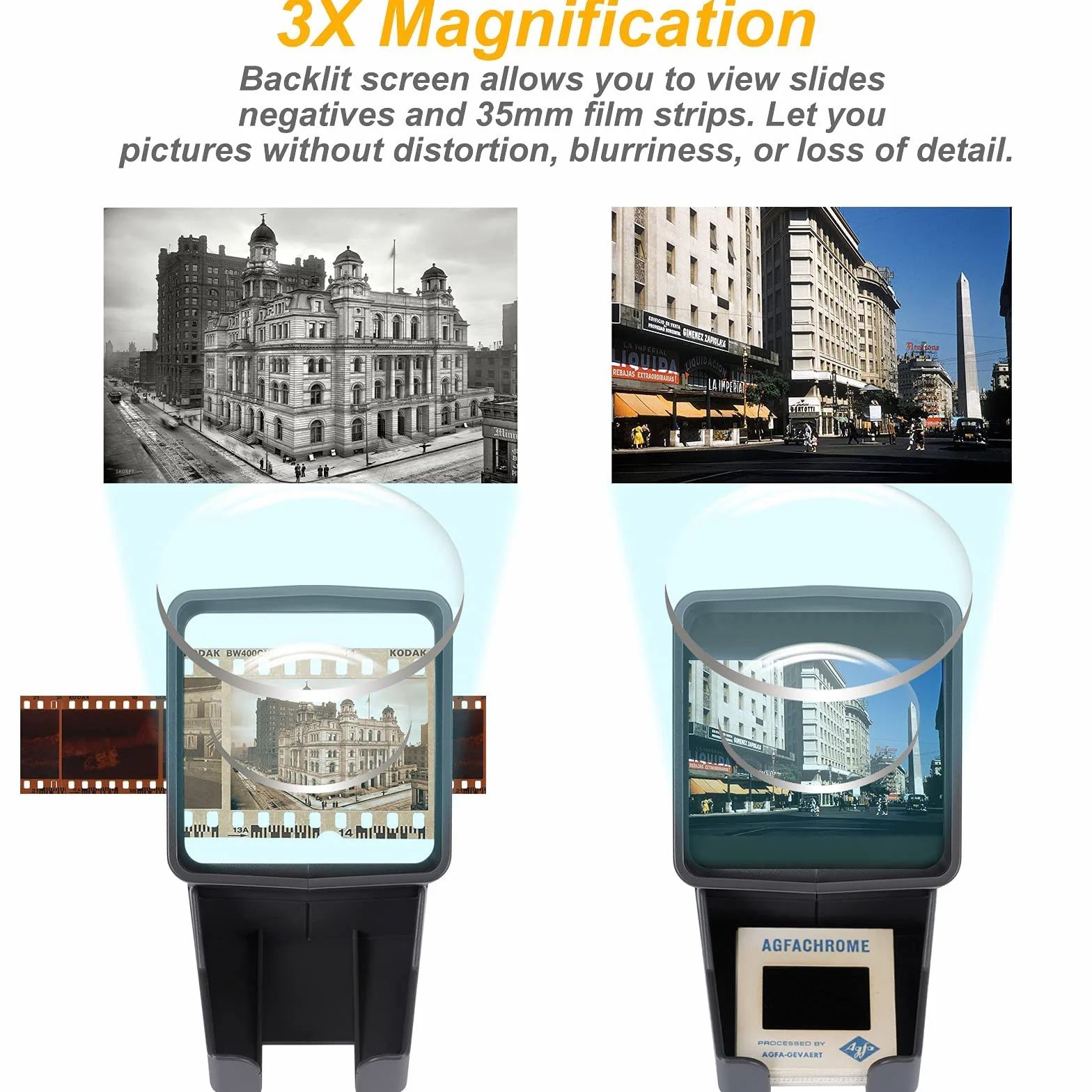 Visor de películas 35 mm LED portátil 3 aumentos USB