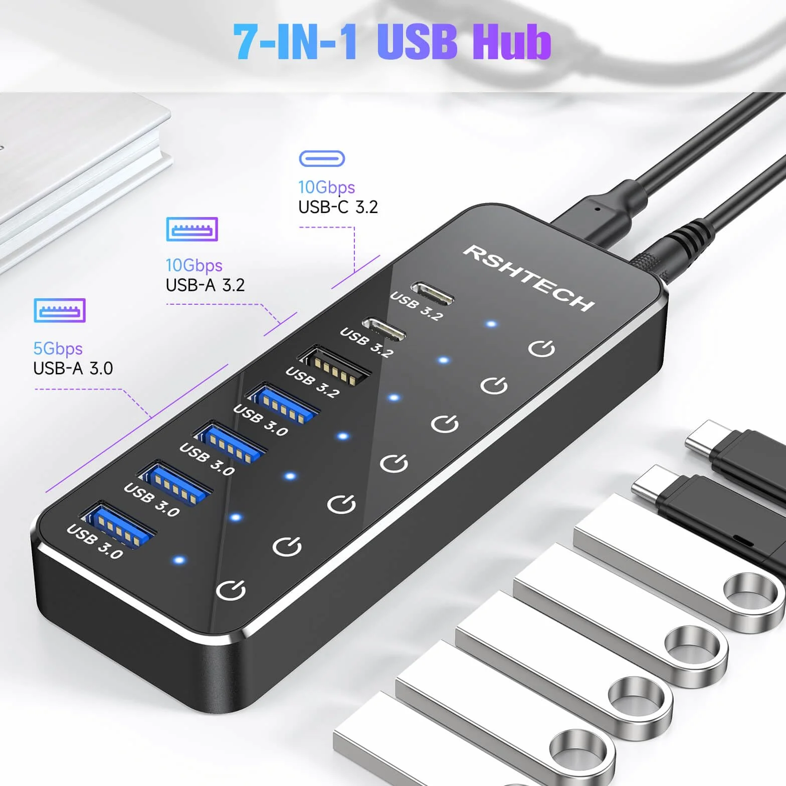 Hub USB Alimentado, RSHTECH Hub USB 3.2/USB C de 7 Puertos con 3 * 10Gbps Puertos Datos (USB-A, 2*USB-C), 4 * 5Gbps Puertos USB 3.0, Interruptor Táctil, Cable Datos 2 en 1(100cm), 5V/3A, RSH-ST07C