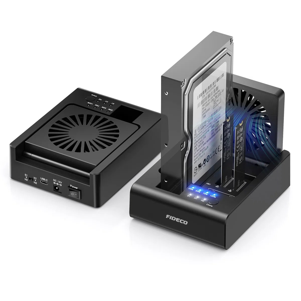 FIDECO Estación de Clonación para HDD y SSD NVMe M.2, USB 3.2 Gen 2 (10Gbps), Estación Clonadora de 3 Bahías para SSD NVMe M.2 y Discos Duros SATA 2,5"/3,5", con Ventilador Abatible