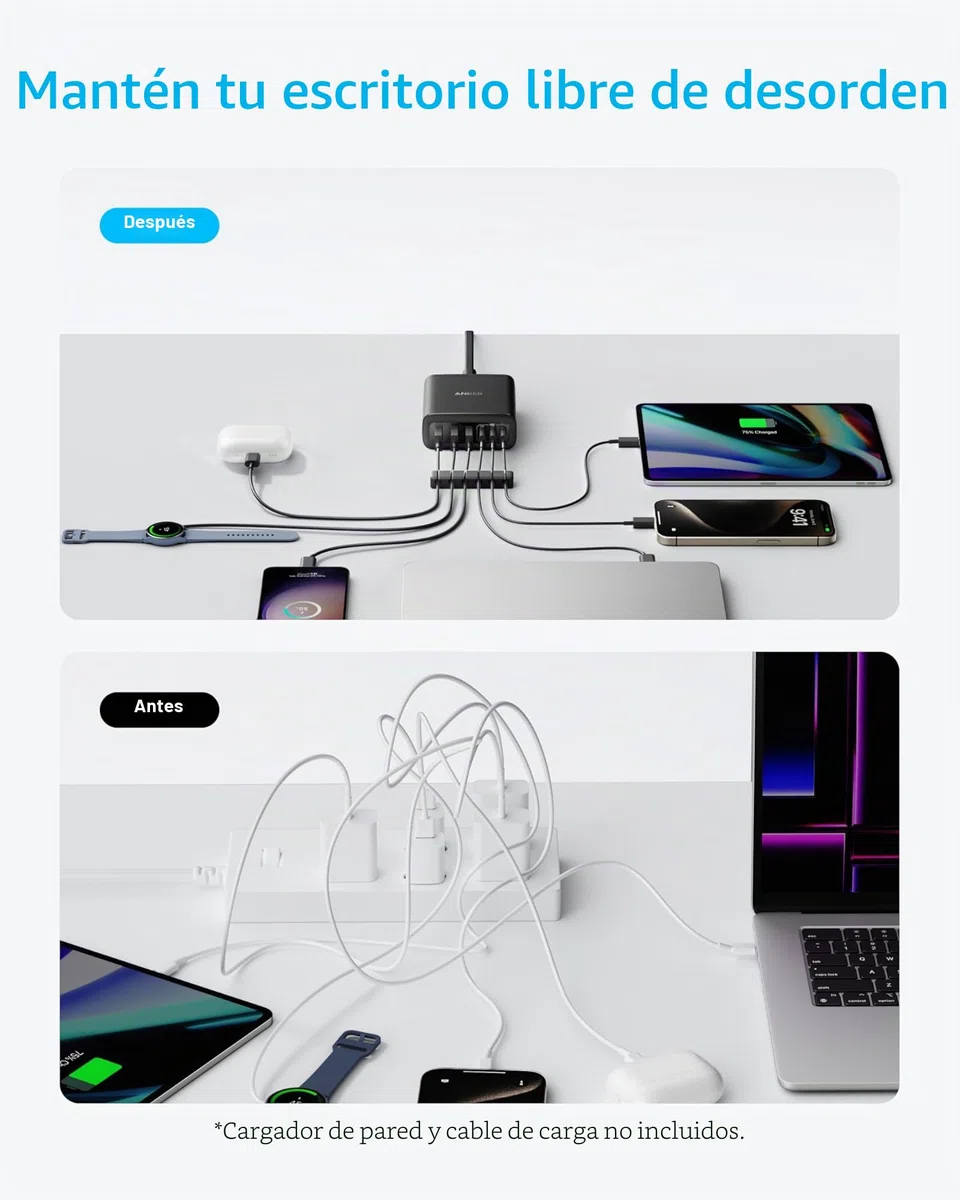 Anker Cargador USB-C, Estación de Carga de 6 Puertos con Salida de 112 W, para iPhone 16/16 Plus/16 Pro/16 Pro Max/15/14/13 Series, MacBook Air, Pixel, Galaxy, iPad y Más (Cable no Incluido)