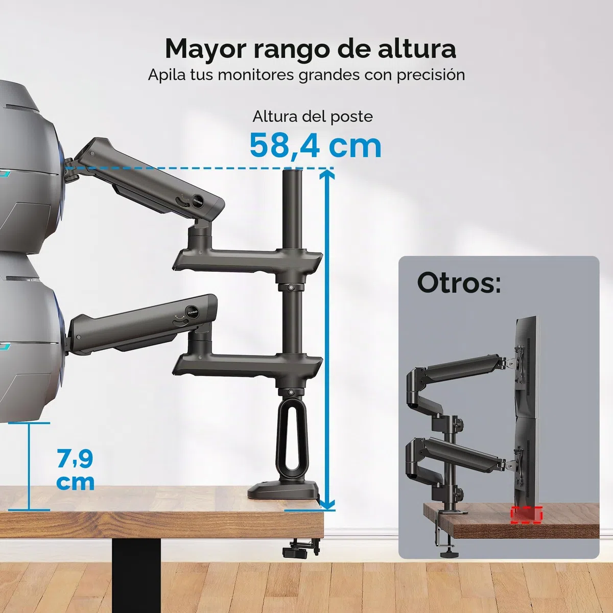 HUANUO Soporte para Dos Monitores para Pantal Ultraanch 13-49”, hasta 18kg, Brazo Monitor Doble Aluminio Resist y Extra Alto, Soporte Monitor Doble Apilado Vert y Total Ajustable, VESA Máx 100x100mm