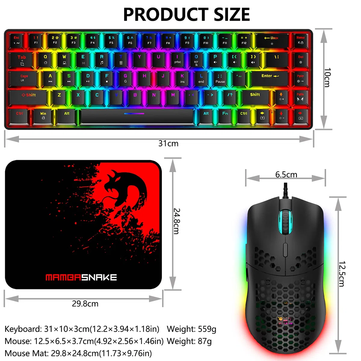 ZIYOU LANG RGB Teclado y Raton Gaming, 68 Teclas Blue Switch 60% Mini Teclado Mecánico QWERTY, 6400DPI Ajustable Panal Ligero Mouse, USB Cableado, Compatible con Windows Mac PS4 Xbox, Negro