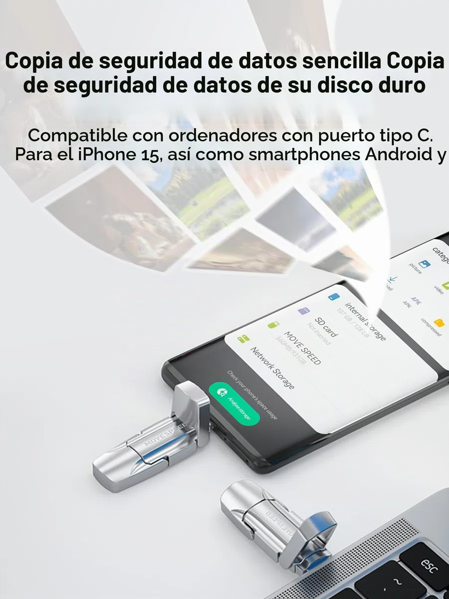 MOVE SPEED USB C Pendrive 128 GB – Disco Duro Externo SSD de Alta Velocidad 400 MB/s, Dual Tipo-C + USB 3.2 Gen2, Memoria Externa OTG Compatible con Smartphones, iPhone 15, MacBook, laptops y Tablets
