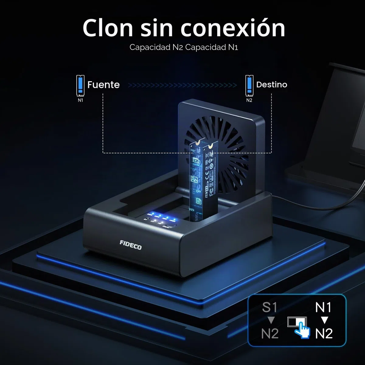 FIDECO Estación de Clonación para HDD y SSD NVMe M.2, USB 3.2 Gen 2 (10Gbps), Estación Clonadora de 3 Bahías para SSD NVMe M.2 y Discos Duros SATA 2,5"/3,5", con Ventilador Abatible